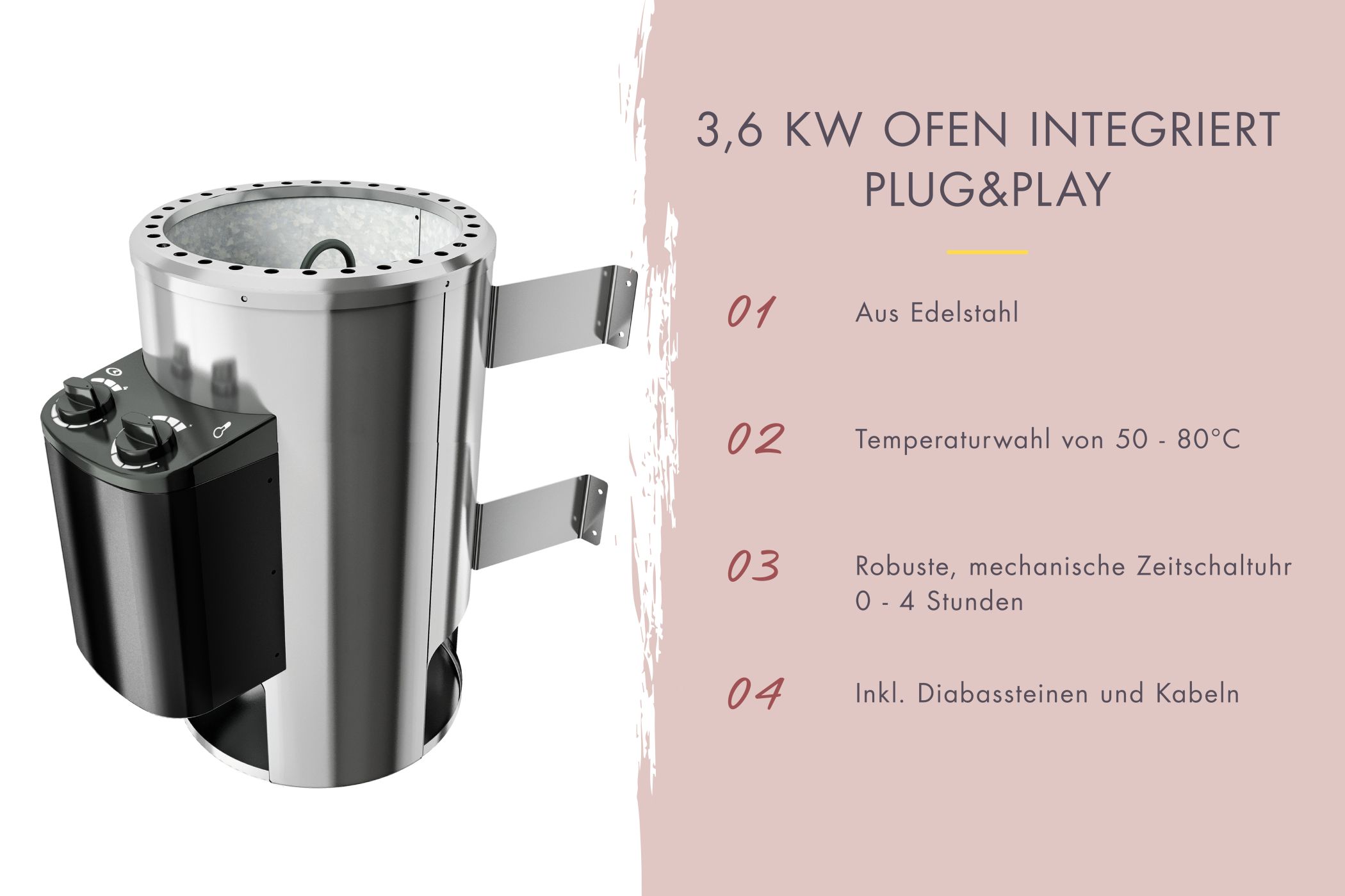 Finnischer Saunaofen mit 9 kW und Edelstahlmantel inklusive Diabas-Saunasteinen für Karibu Saunen