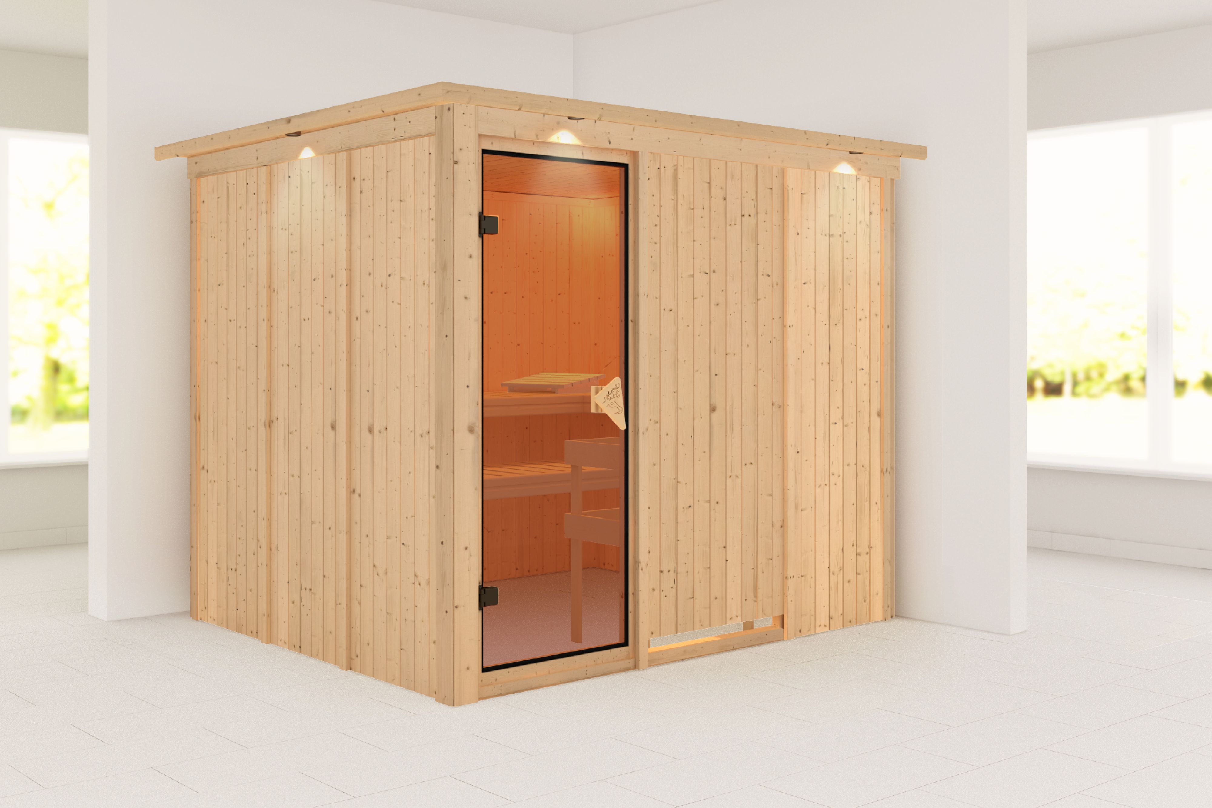 Außenansicht der Karibu Sauna Gobin aus nordischer Fichte mit bronzierter Ganzglastür und Fronteinstieg