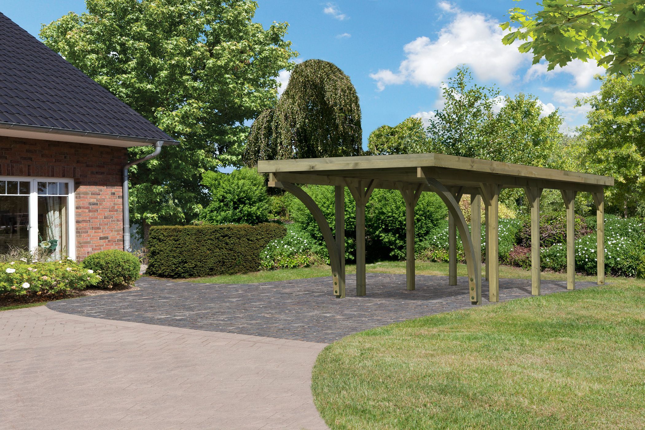 Außenansicht des Karibu Einzelcarport Classic 3 aus KDI-Massivholz mit Flachdach im Garten aufgebaut