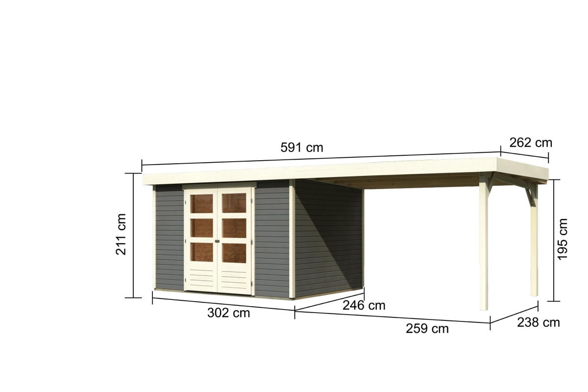 Bemaßte Maßzeichnung des Karibu großes Gerätehaus Askola 5 mit Anbaudach, 592 × 262 cm