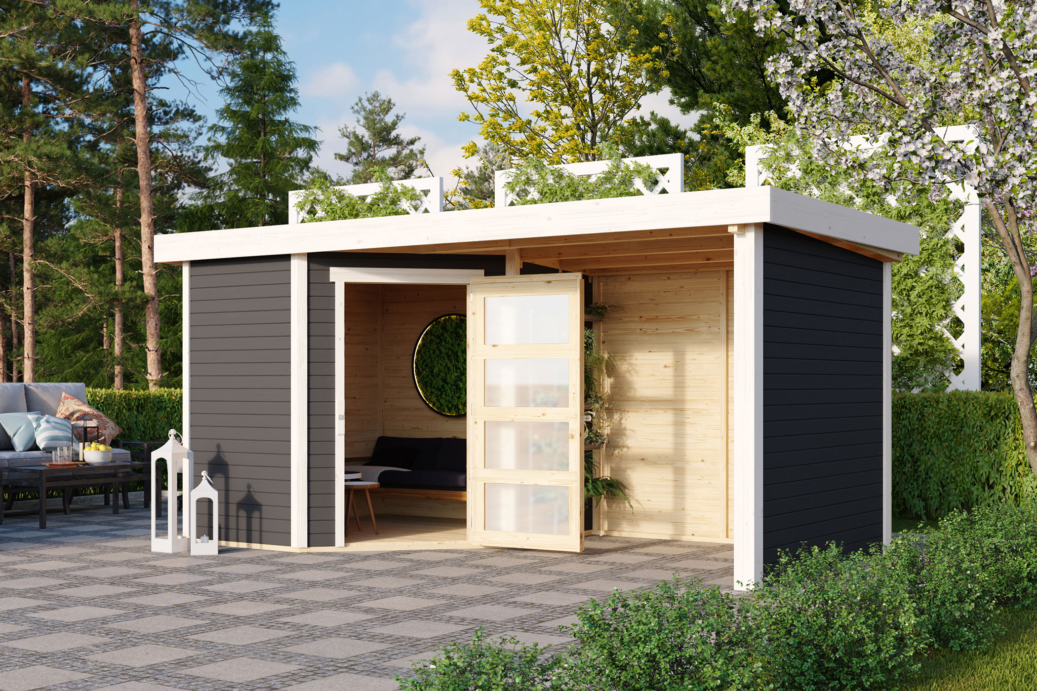 Karibu Gerätehaus Schwandorf 3 in Terragrau und Anbaudach im Garten