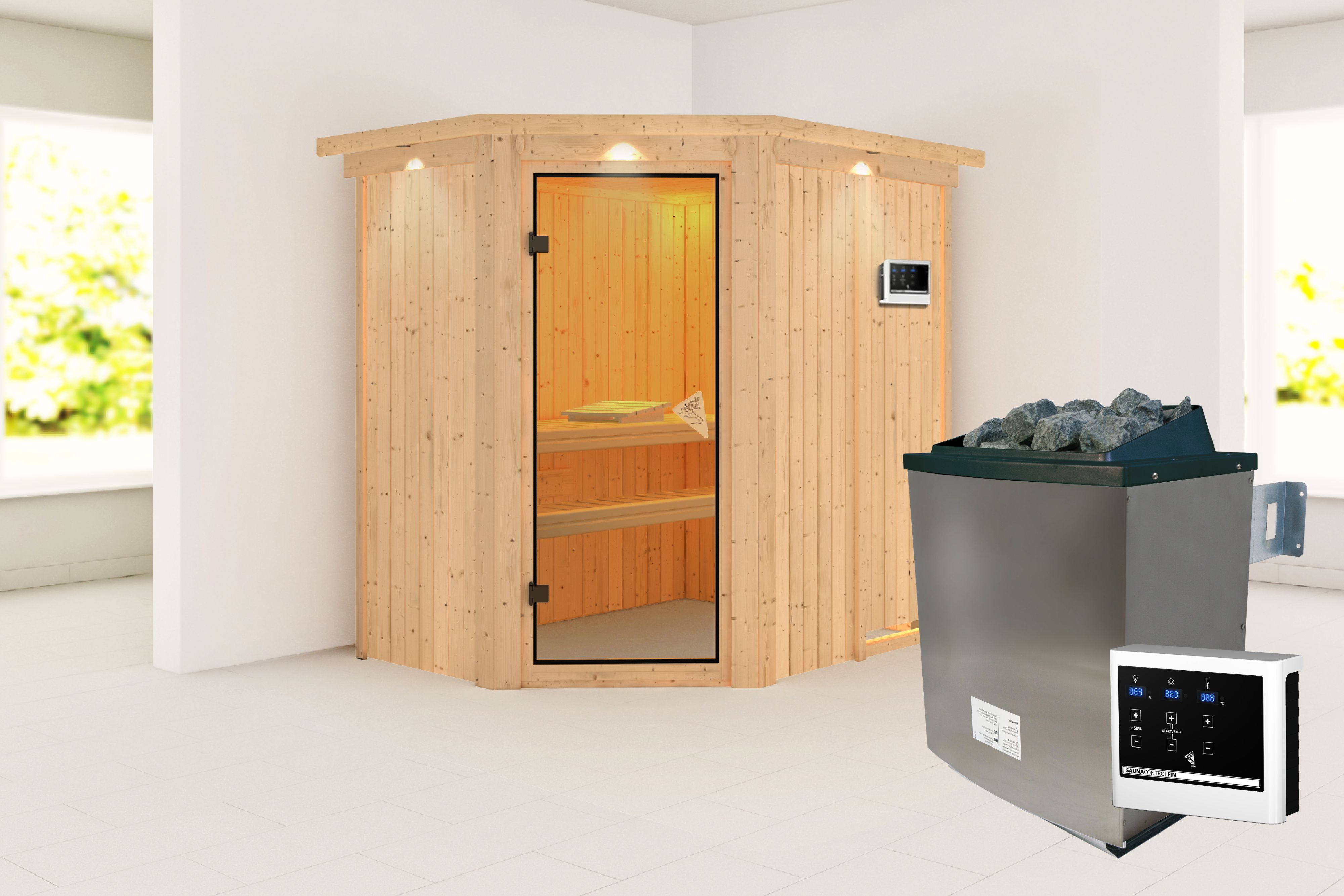 Innenansicht der Karibu Sauna Carin mit Liegen und Kopfstütze aus hellem Espenholz