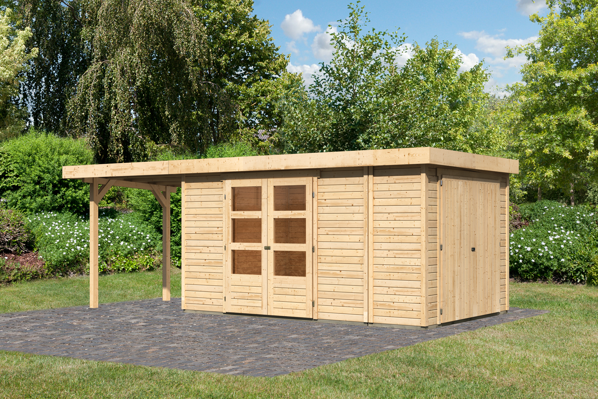 Karibu großes Gerätehaus Retola 6 in Naturbelassen und Anbaudach, Außenansicht
