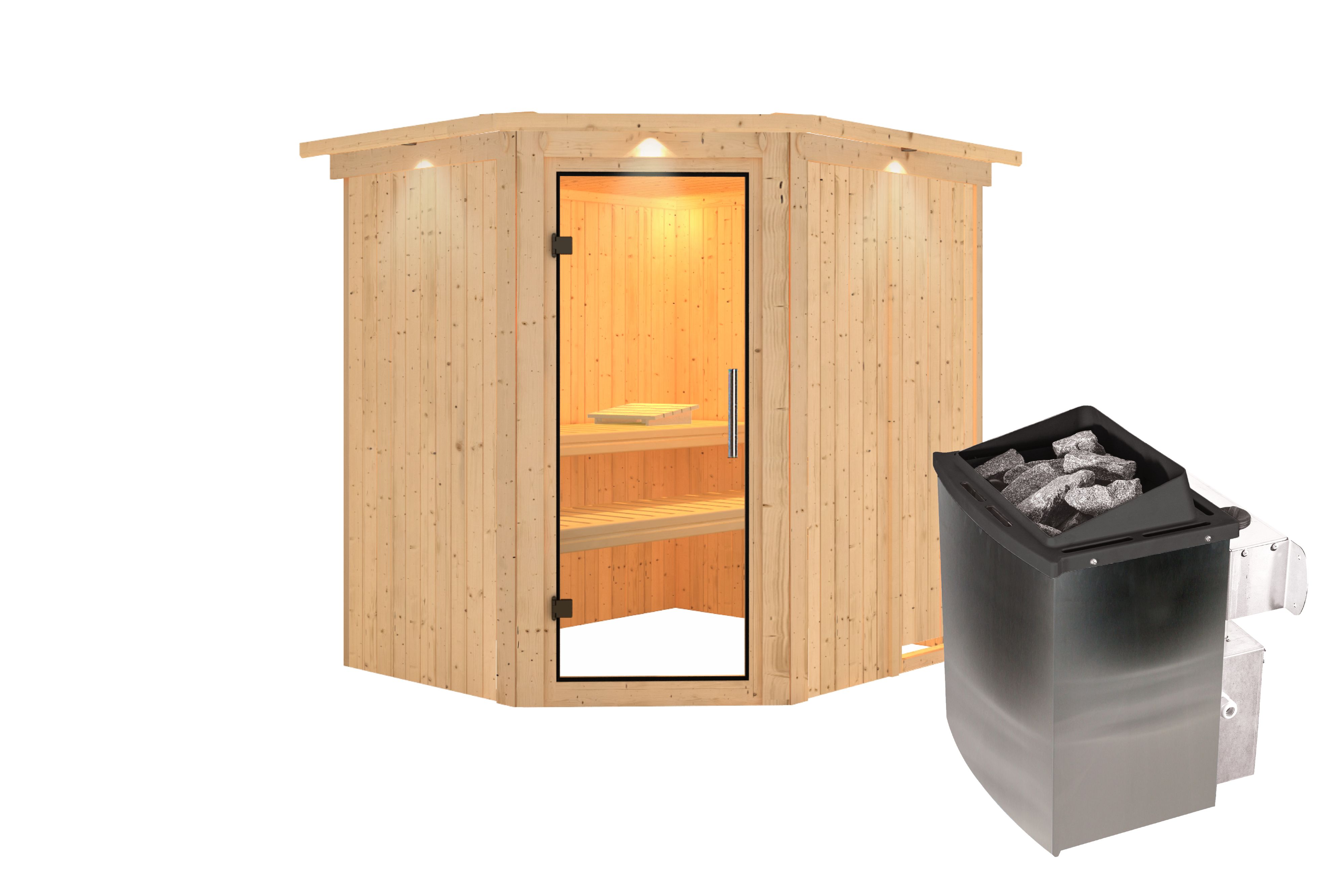 Innenansicht der Karibu Sauna Siirin mit Liegen und Kopfstütze aus hellem Espenholz