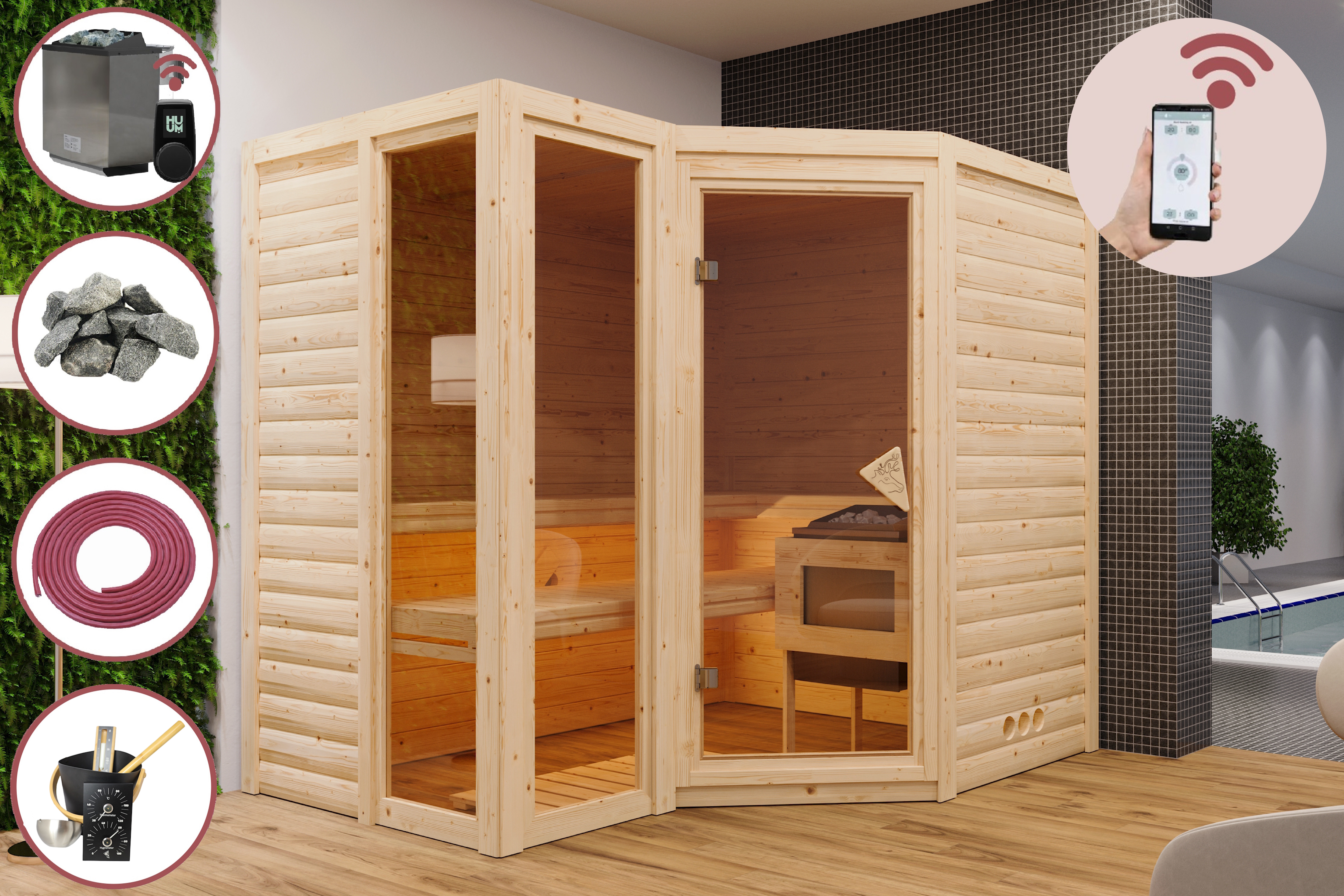 Sauna Alisa im Sparset / 9kW Bio-Ofen mit HUUM Wifi Steuerung