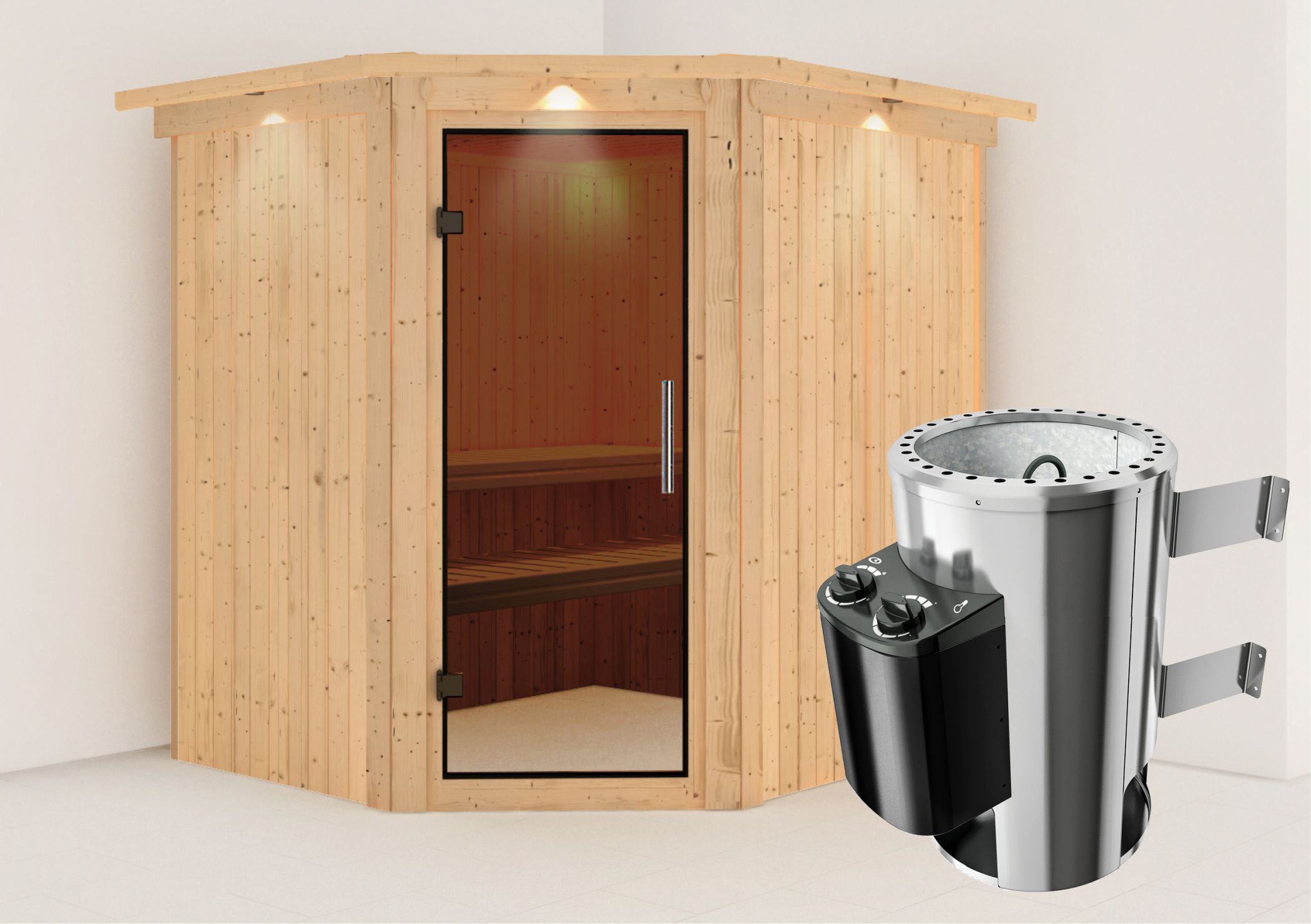 Außenansicht der Karibu Sauna Lilja aus nordischer Fichte mit graphitfarbener Ganzglastür und Fronteinstieg