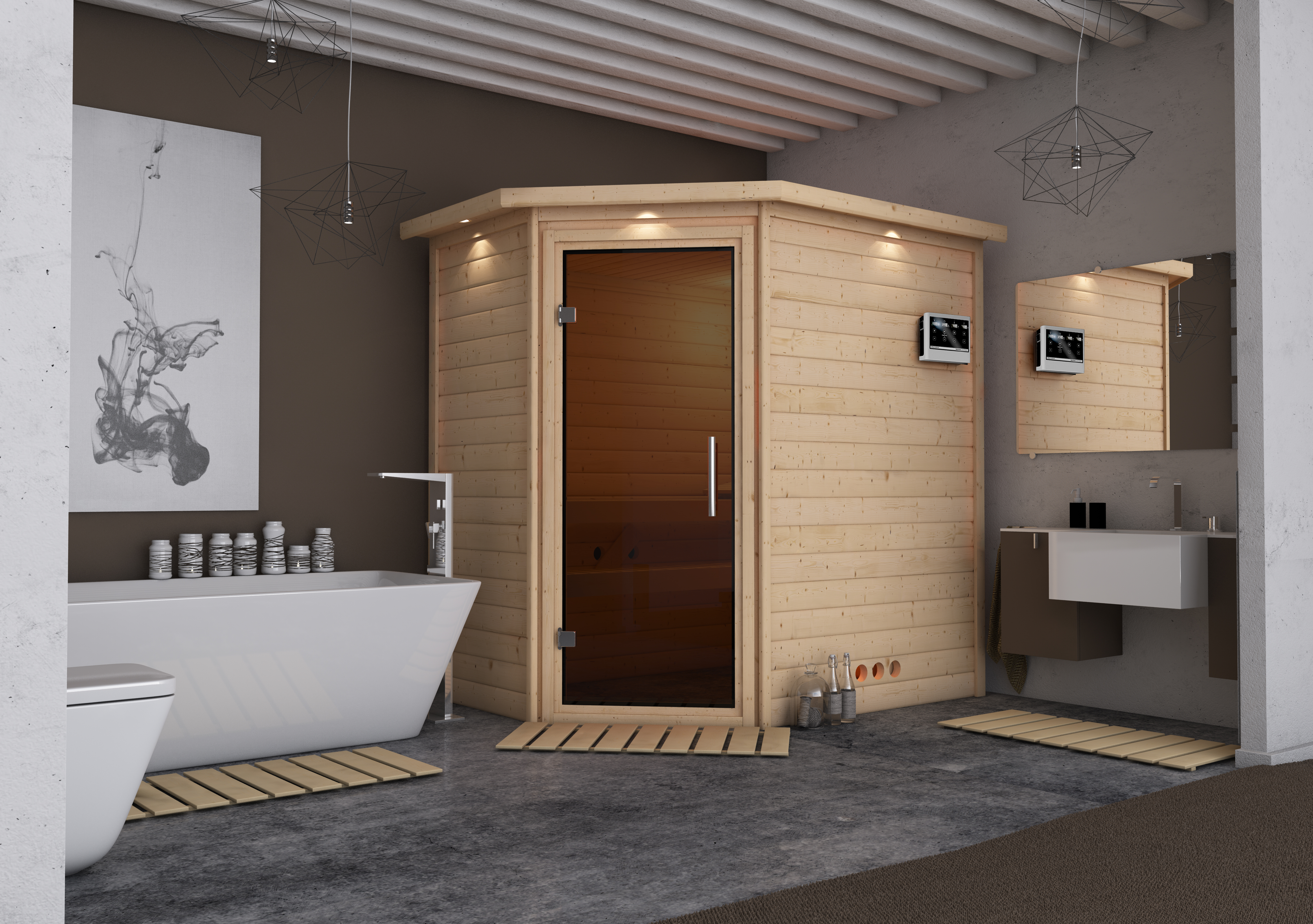 Sauna Svea inkl. 9kW Ofen finnisch und Dachkranz / Lagerabverkauf