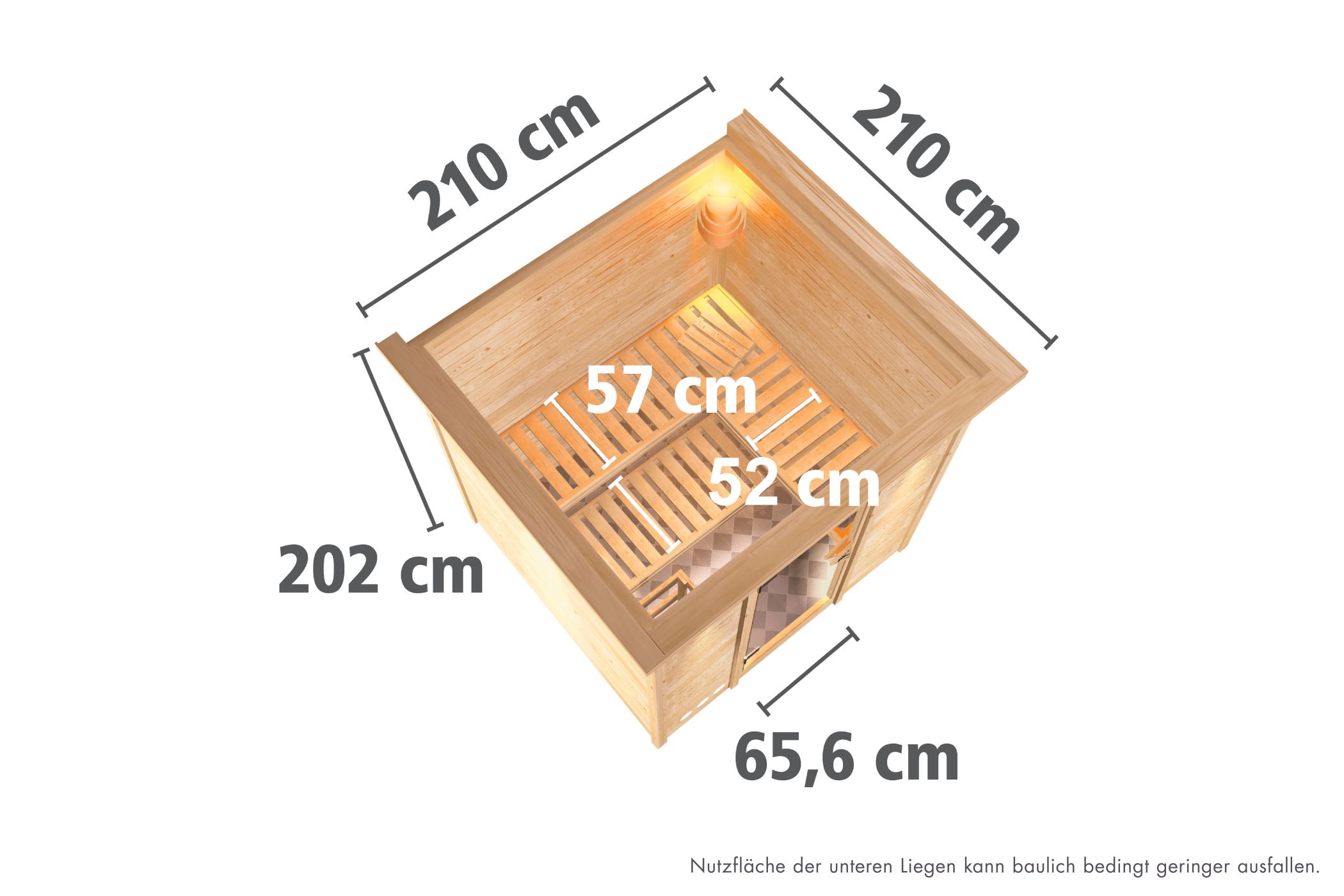 Maßzeichnung der Karibu Sauna Rodin Dachkranzmodell mit Außenmaß 210 × 210 cm und Höhe 202 cm