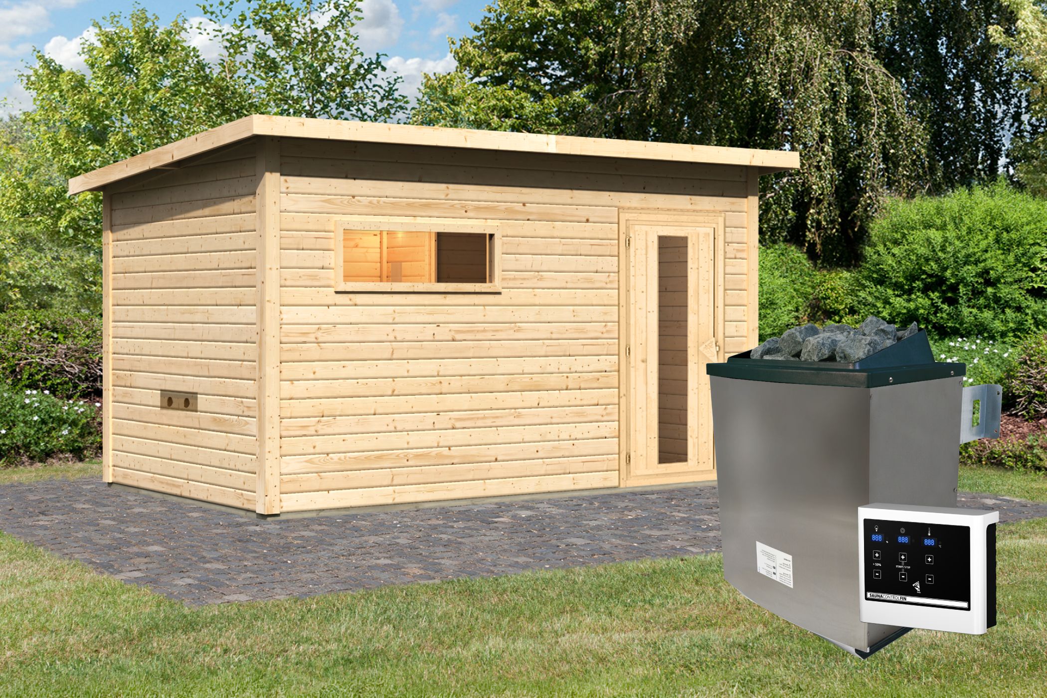 Karibu Saunahaus Hytti 6 als Gartensauna aus Massivholz im Garten mit Glasfront