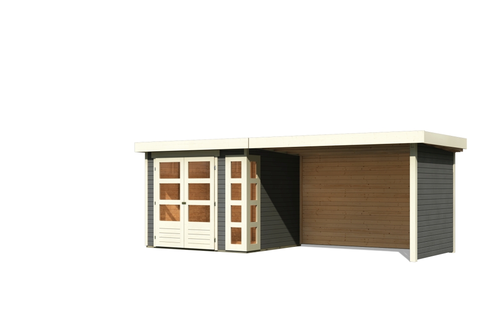 Karibu Gerätehaus Kerko 3 in Terragrau und Anbaudach, Freisteller