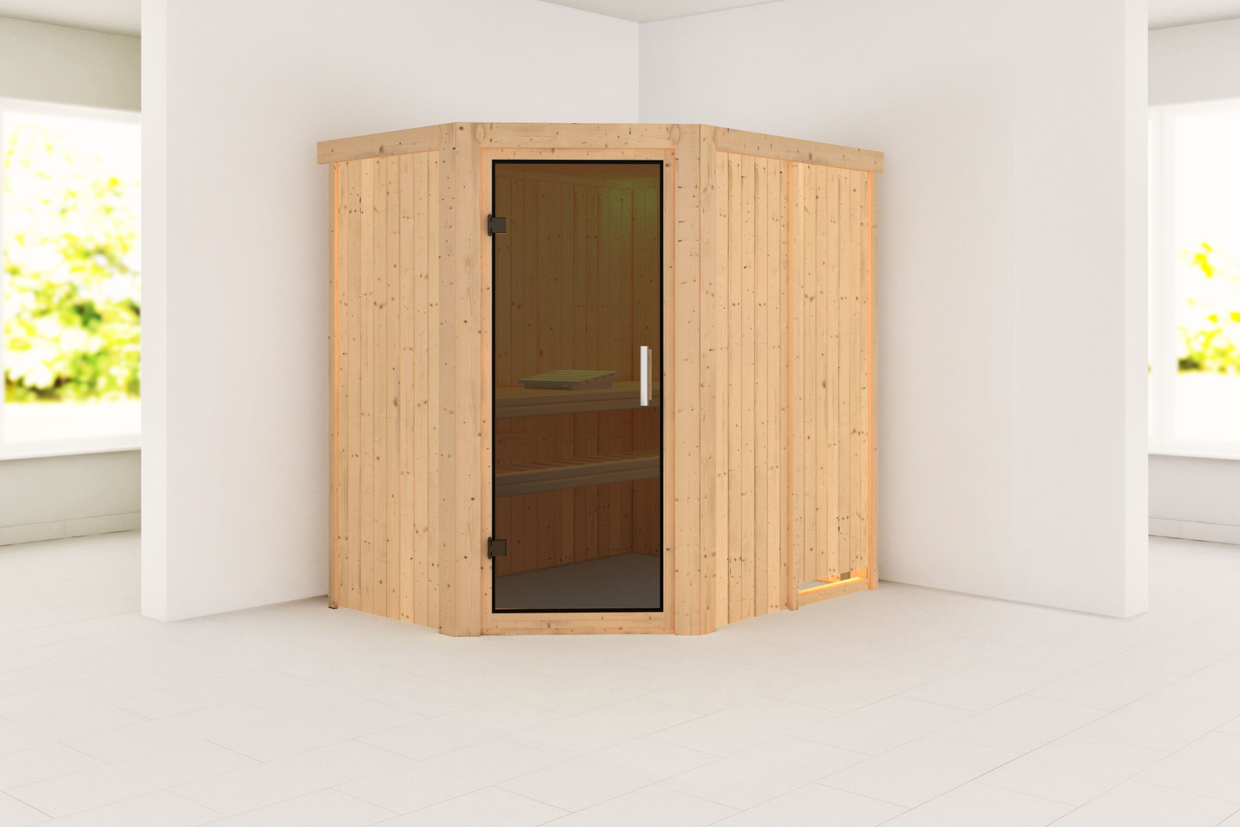 Außenansicht der Karibu Sauna Carin aus nordischer Fichte mit graphitfarbener Ganzglastür und Fronteinstieg