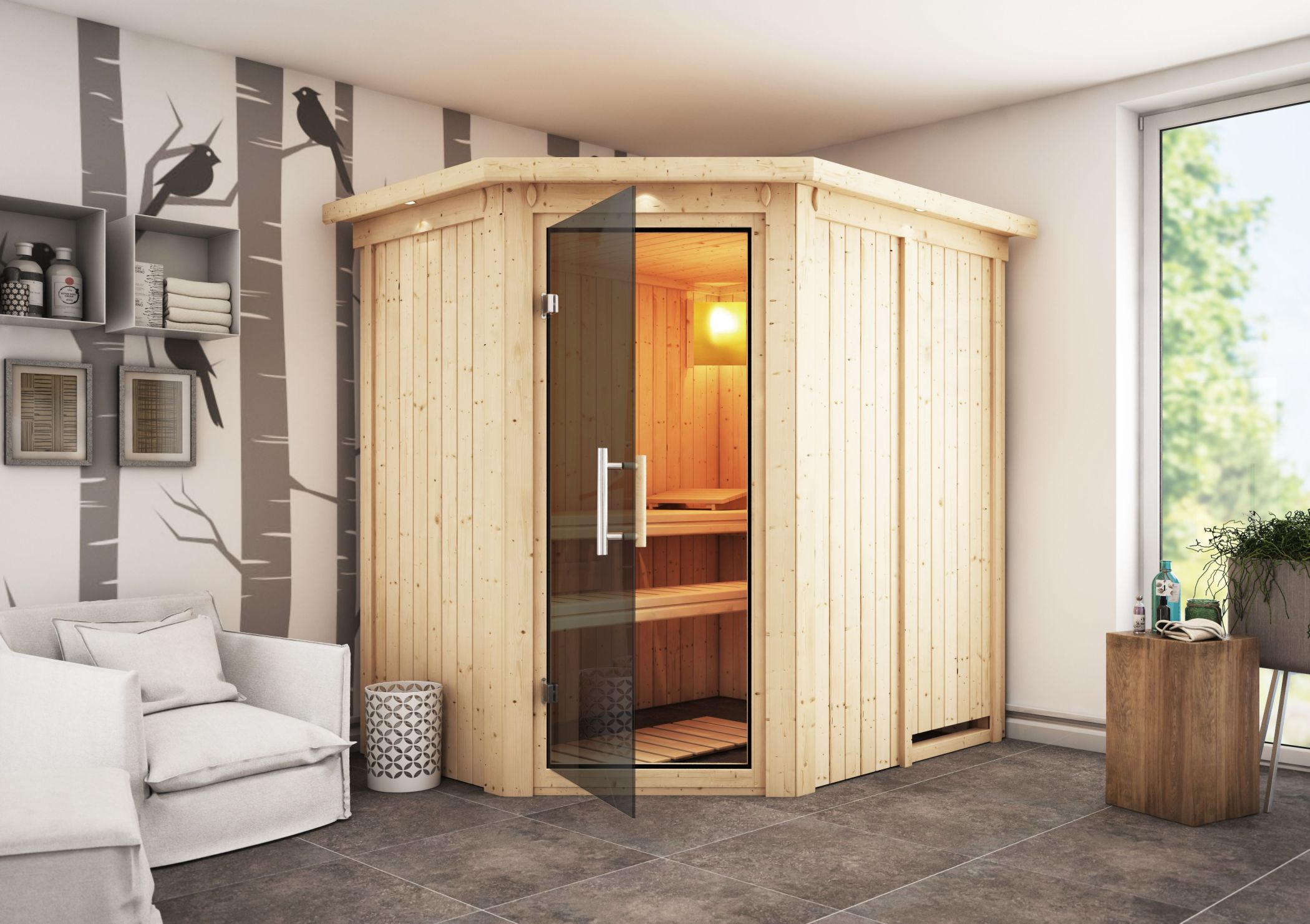 Karibu Sauna Saja als hochwertige Sauna aus nordischer Fichte im Wohnraum-Ambiente