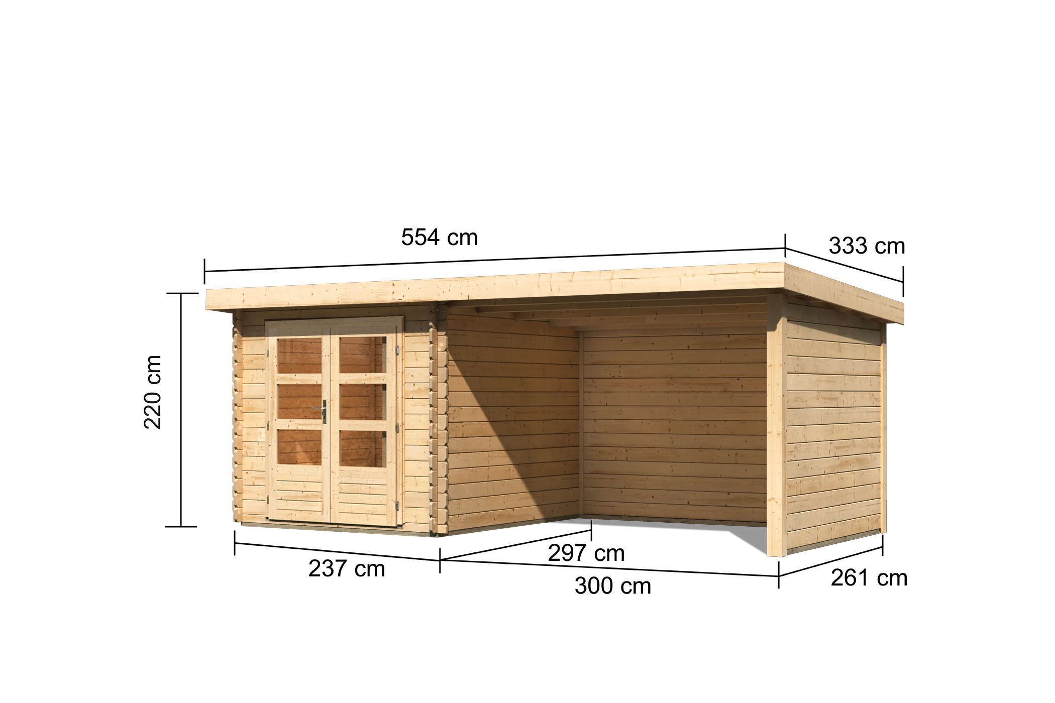 Bemaßte Maßzeichnung des Karibu Gartenhaus Bastrup 4 mit Anbaudach, 554 × 333 cm