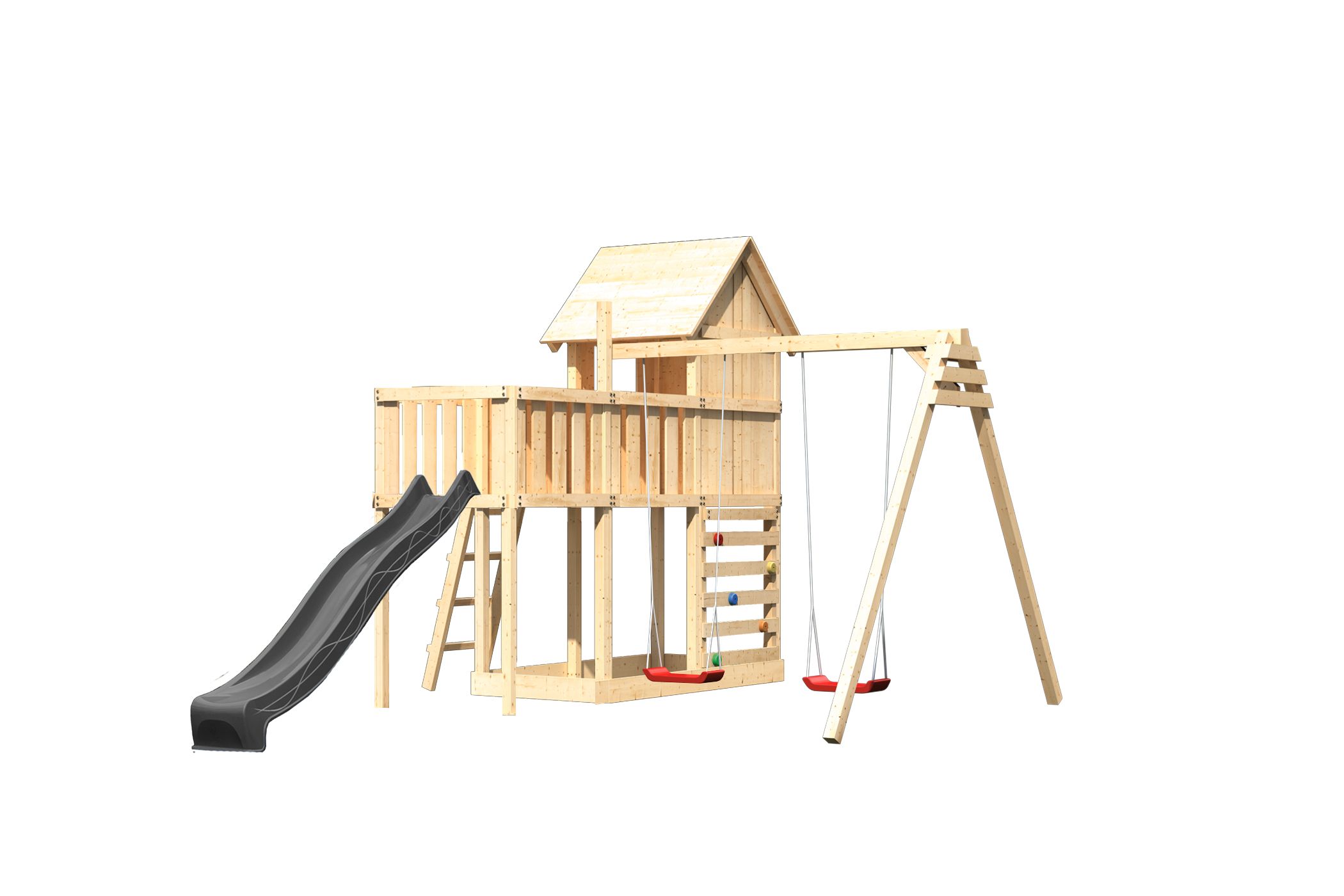 Karibu Spielgerät aus Holz mit Wellenrutsche, freigestellt