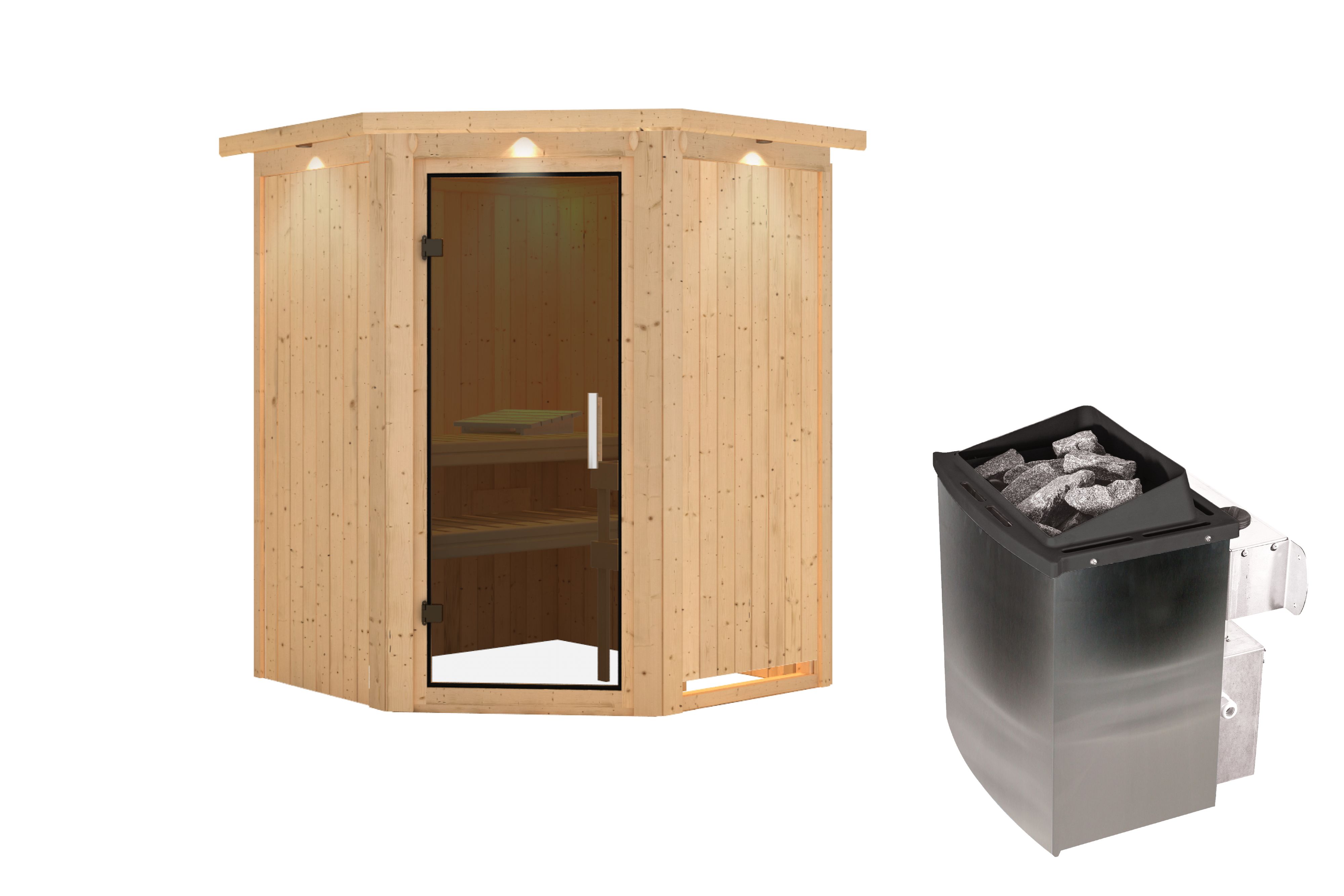 Innenansicht der Karibu Sauna Larin mit Liegen und Kopfstütze aus hellem Espenholz