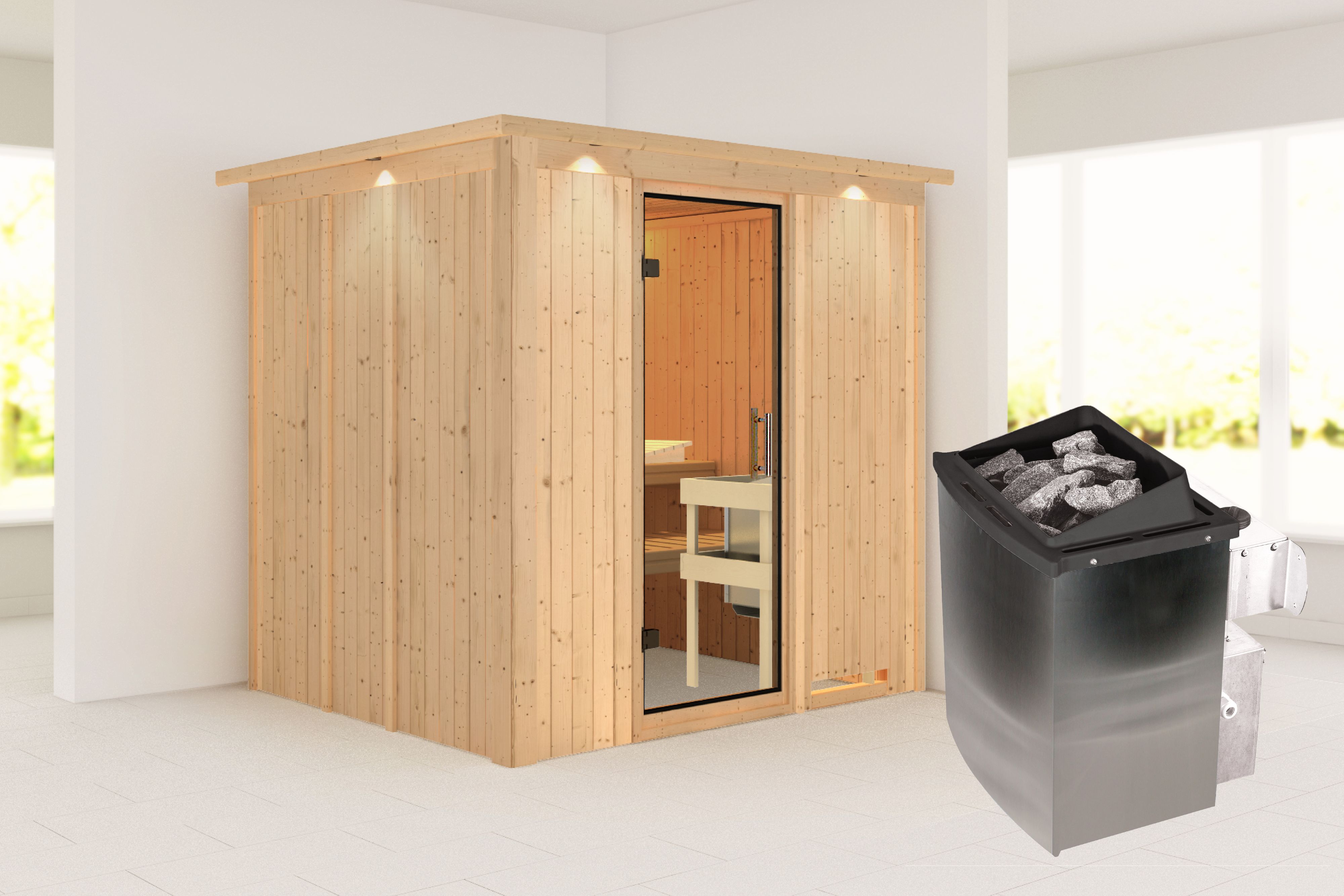 Außenansicht der Karibu Sauna Sodin aus nordischer Fichte mit Klarglas-Ganzglastür und Fronteinstieg