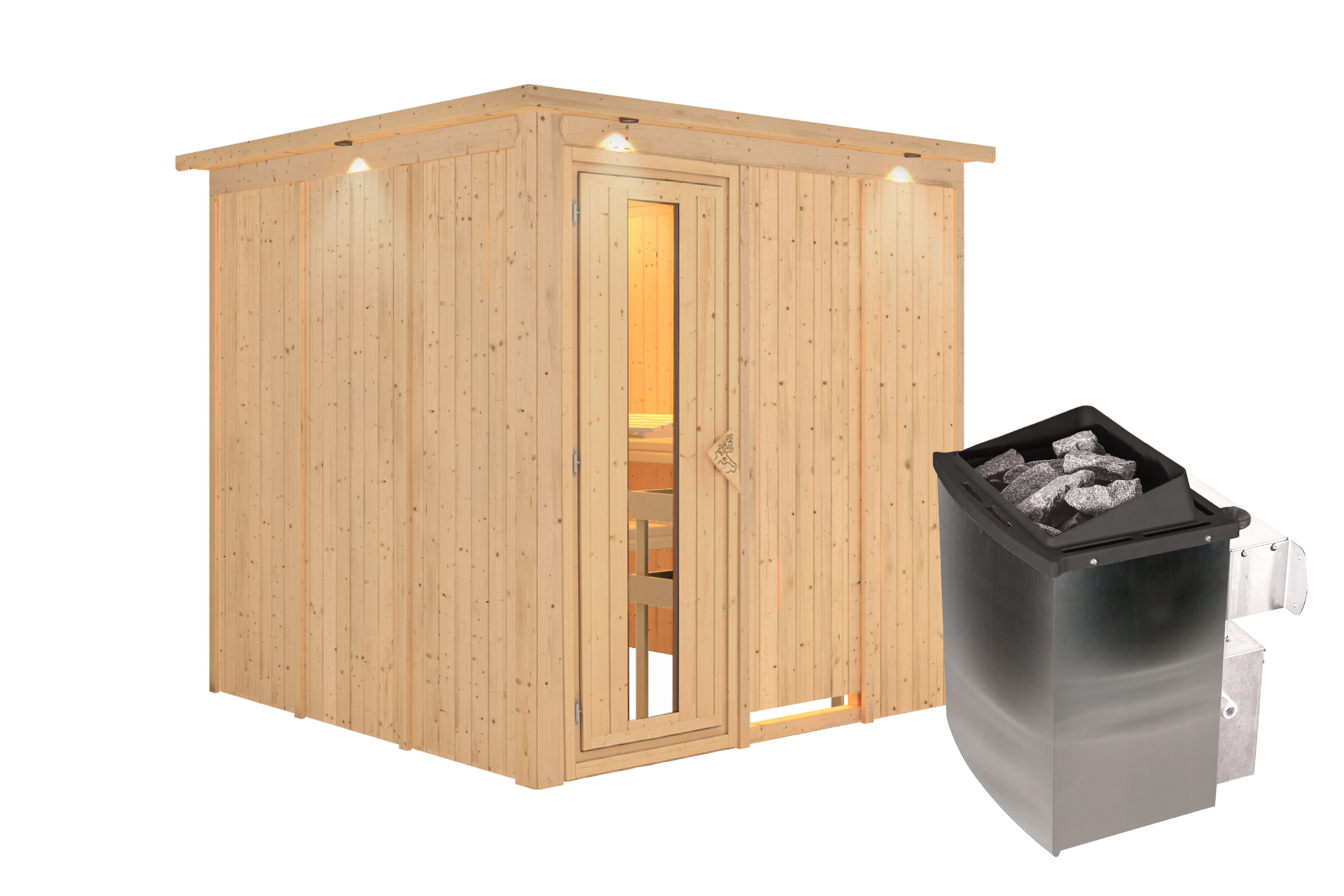 Innenansicht der Karibu Sauna Rodin mit Liegen und Kopfstütze aus hellem Espenholz
