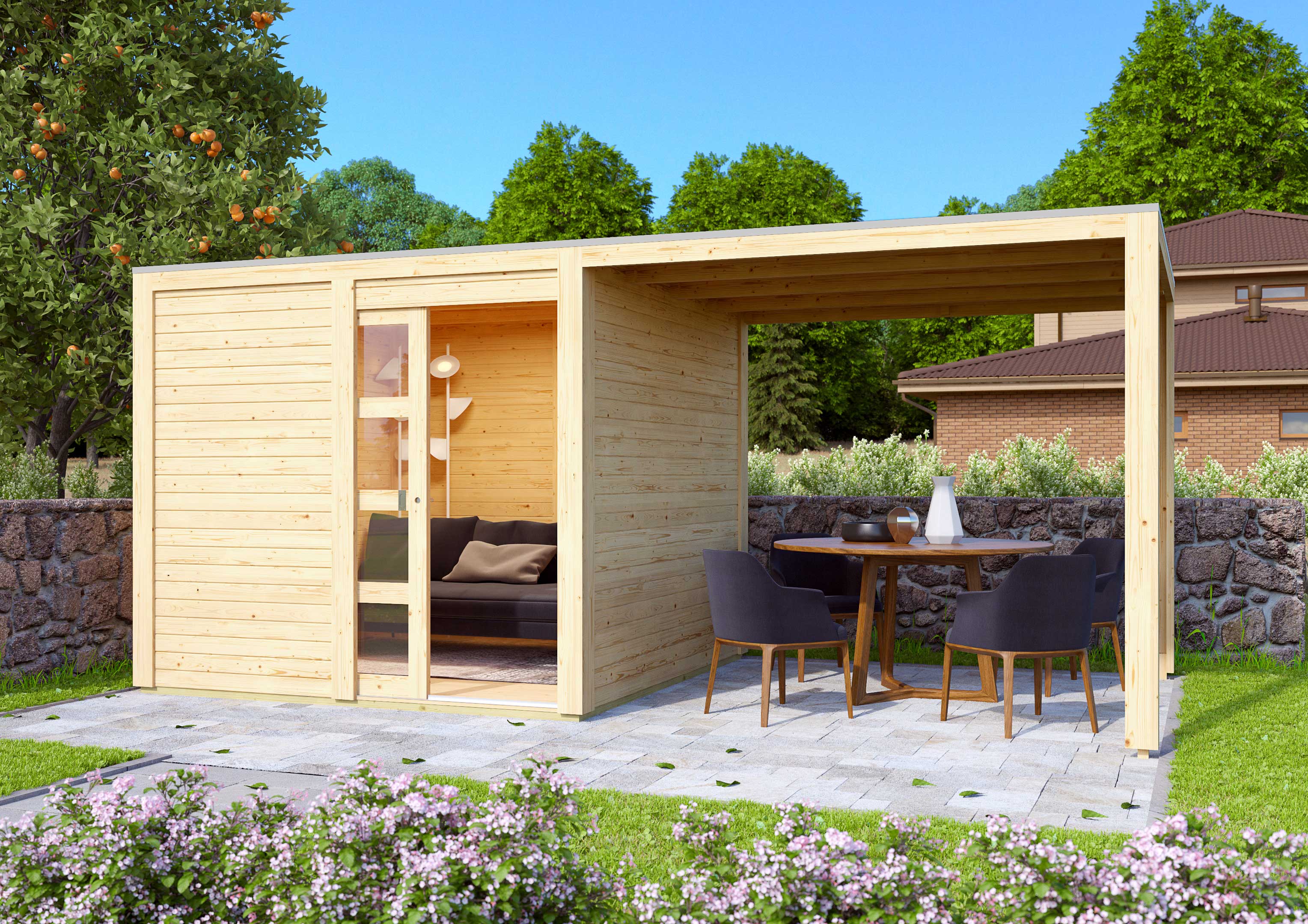Karibu Poolhaus Qubic 1 mit Anbaudach im Garten