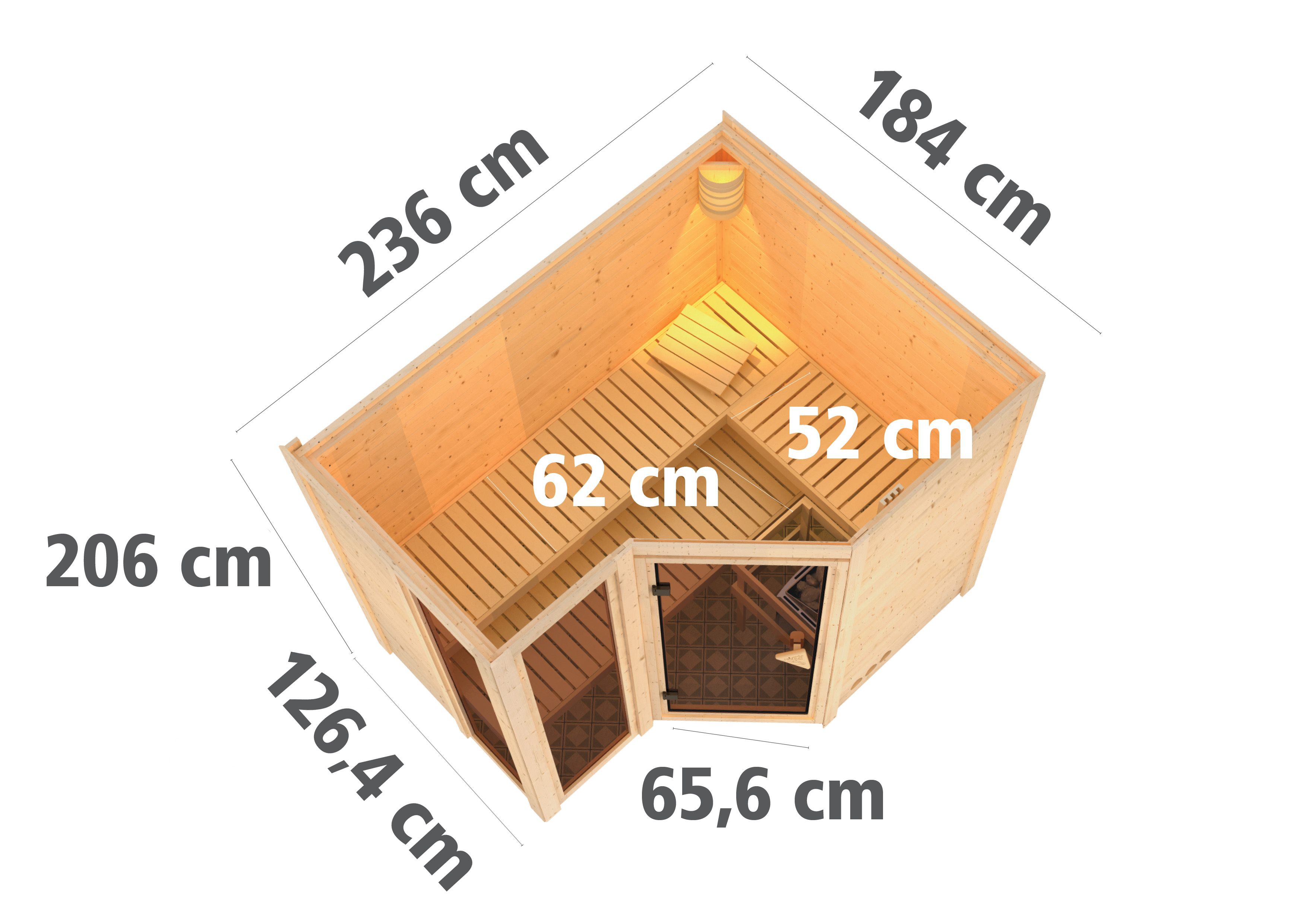 Maßzeichnung der Karibu Sauna Amara Basismodell mit Außenmaß 236 × 184 cm und Höhe 209 cm