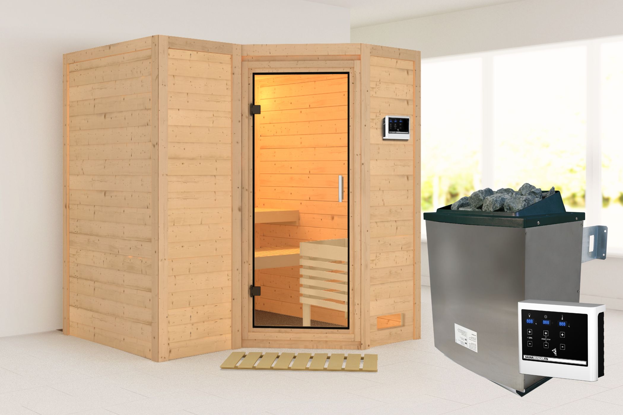 Außenansicht der Karibu Sauna Sahib 1 aus nordischer Fichte mit Klarglas-Ganzglastür und Fronteinstieg