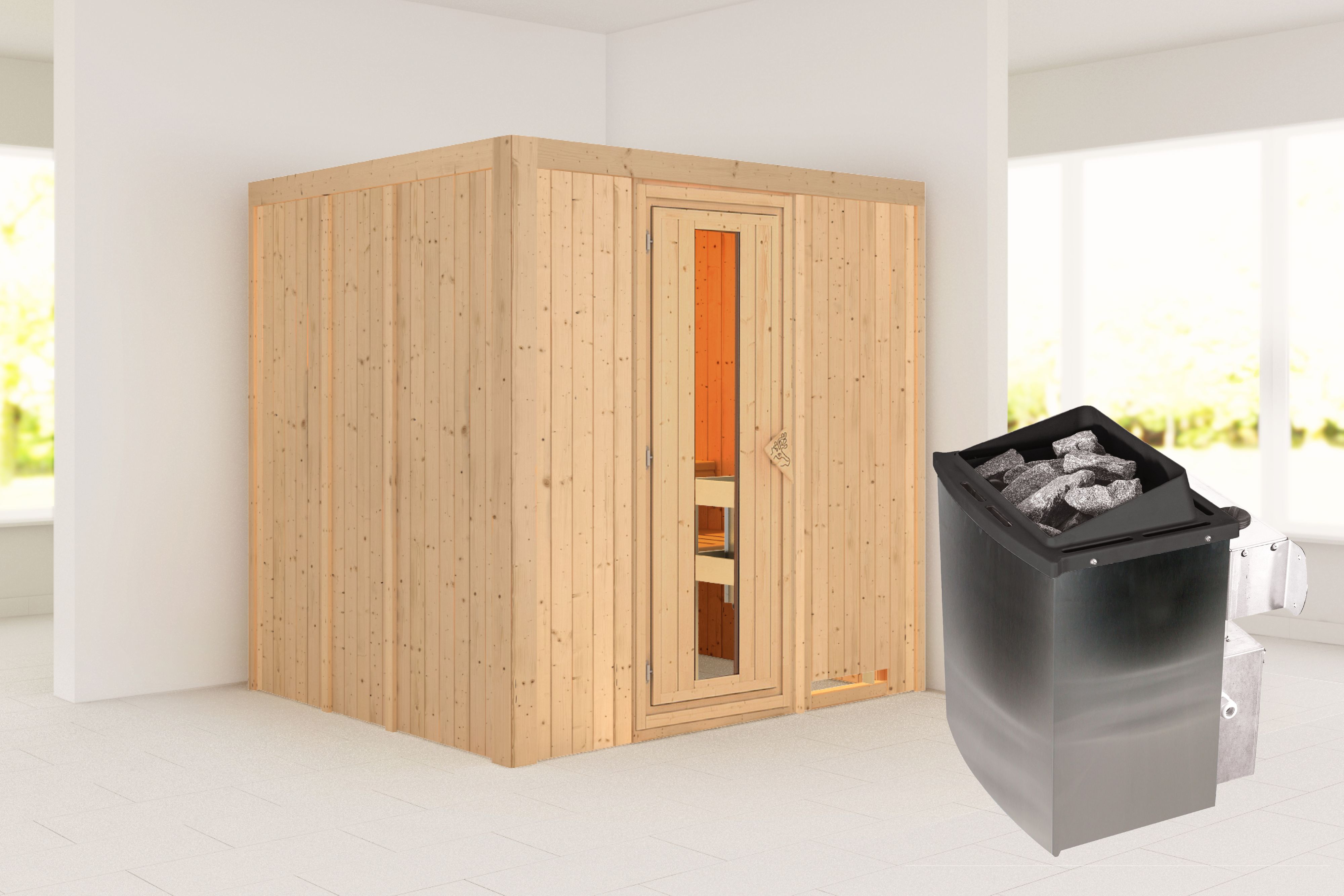 Außenansicht der Karibu Sauna Sodin aus nordischer Fichte mit isolierter Holztür und Fronteinstieg