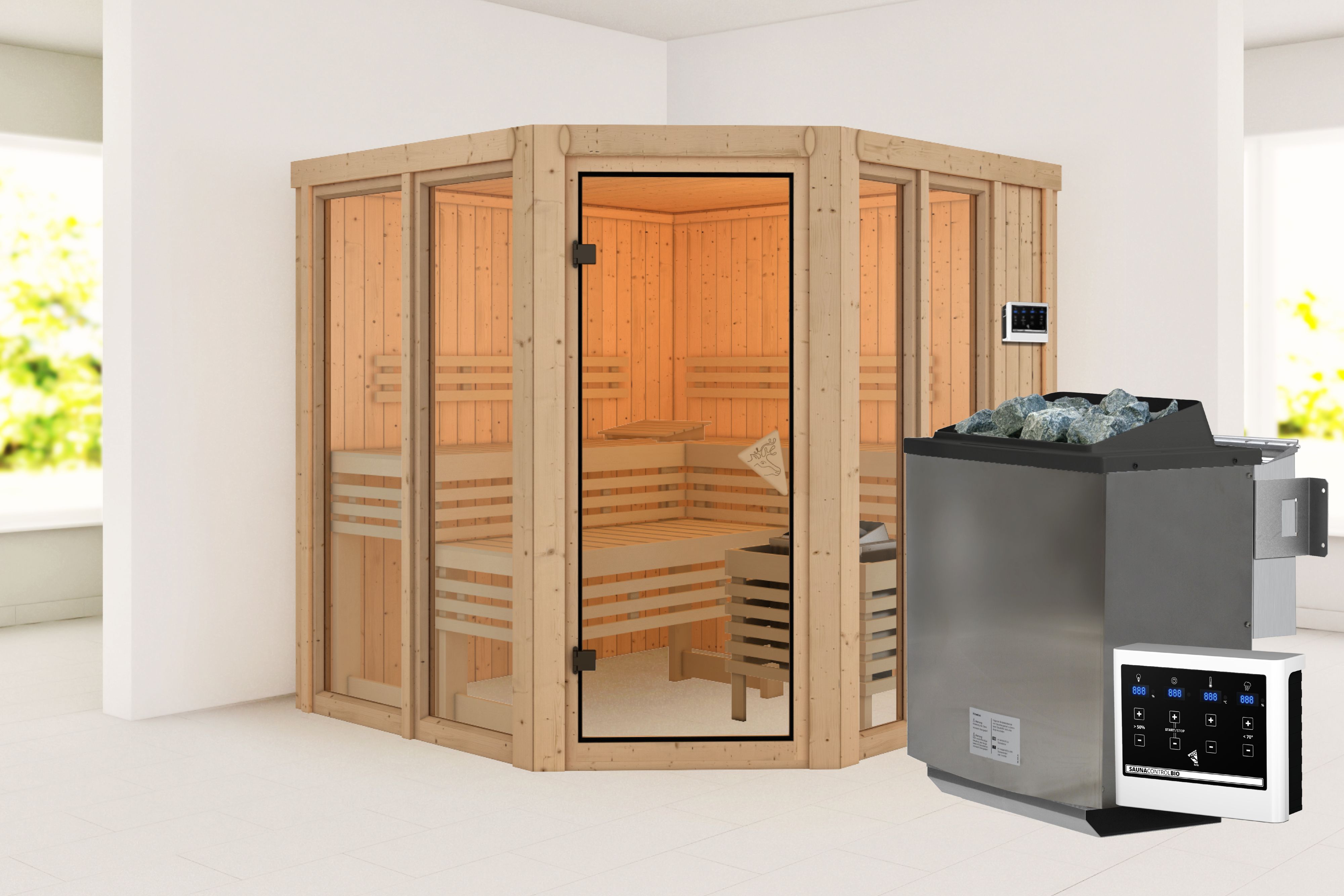 Außenansicht der Karibu Sauna Airi aus nordischer Fichte mit Ganzglastür und Fronteinstieg