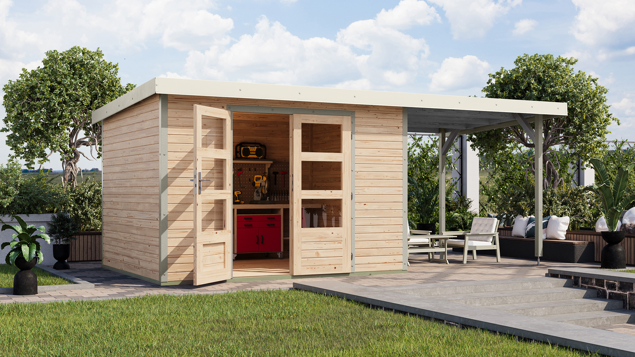 Jupiter 5 A naturbelassen mit 2,35m Anbaudach / Metall: weiß / Lagerabverkauf Jupiter 5 A naturbelassen mit 2,35m Anbaudach / Metall: weiß / Lagerabverkauf