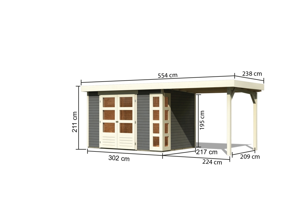 Bemaßte Maßzeichnung des Karibu Gerätehaus Kerko 4 mit Anbaudach, 554 × 238 cm