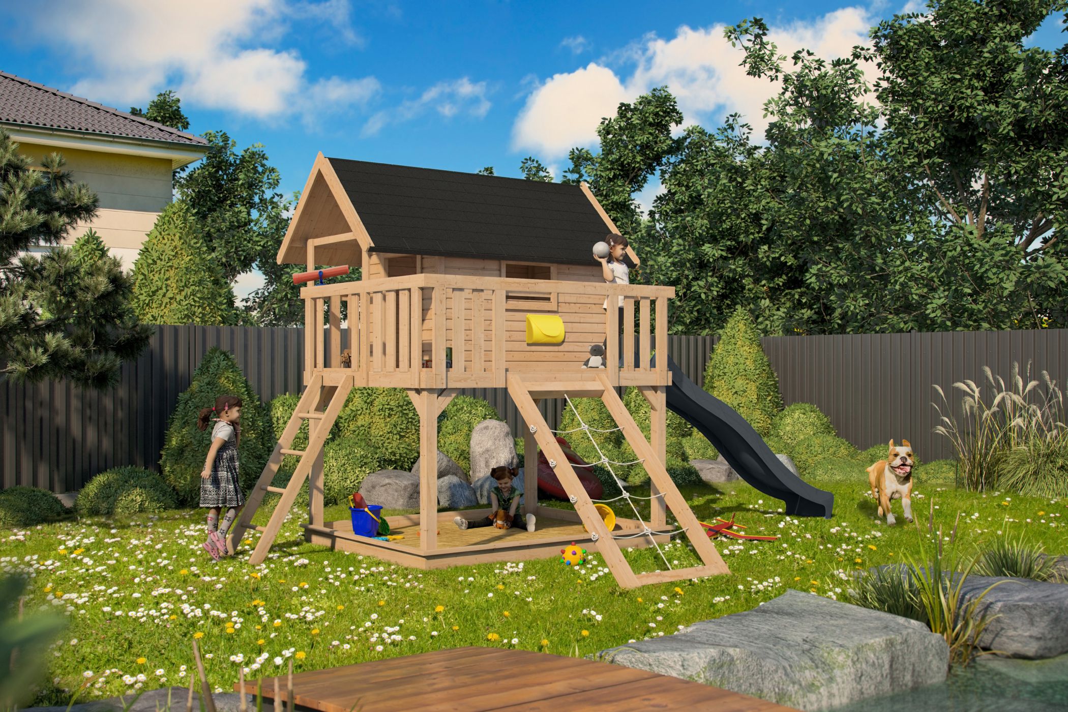 Karibu Spielgerät aus Holz mit Wellenrutsche, im Garten aufgebaut