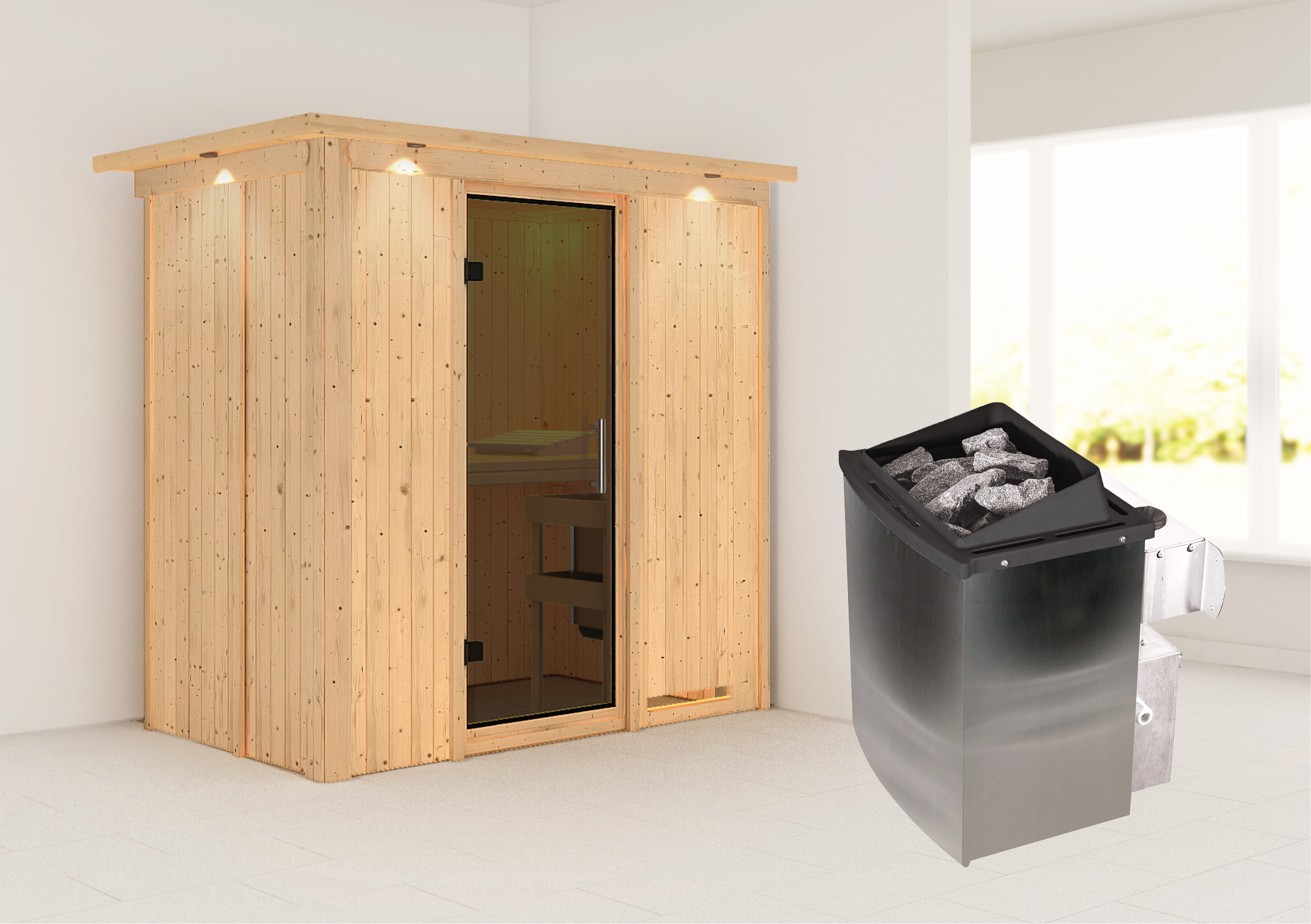 Außenansicht der Karibu Sauna Variado aus nordischer Fichte mit graphitfarbener Ganzglastür und Fronteinstieg