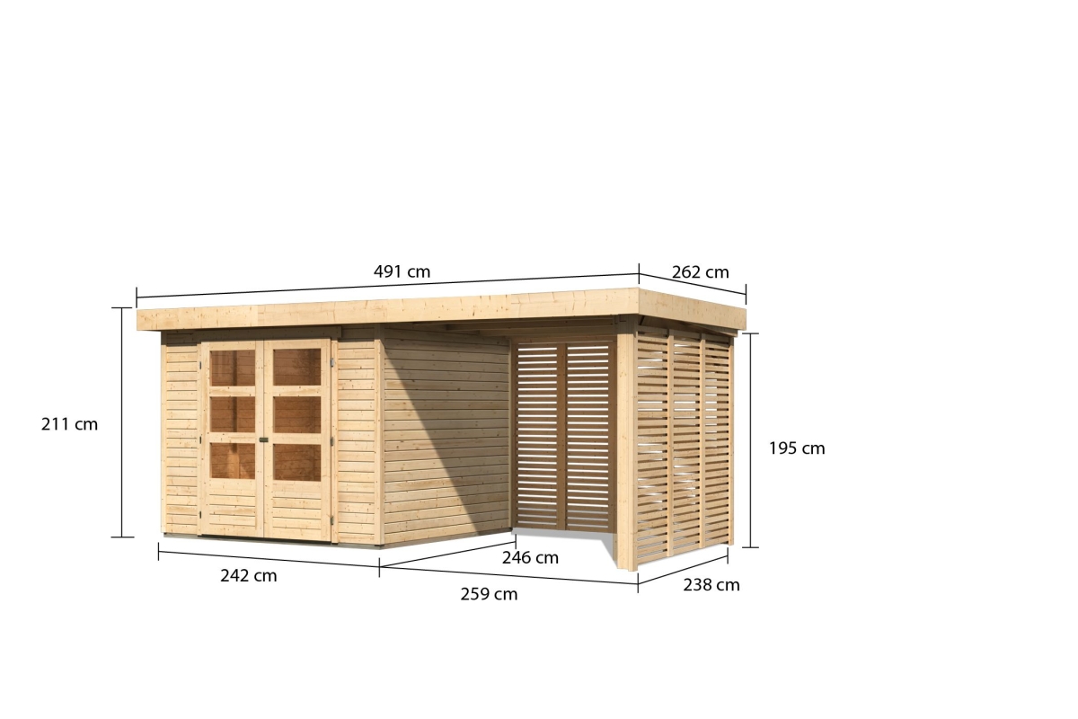 Bemaßte Maßzeichnung des Karibu Gerätehaus Askola 3,5 mit Anbaudach, 491 × 262 cm