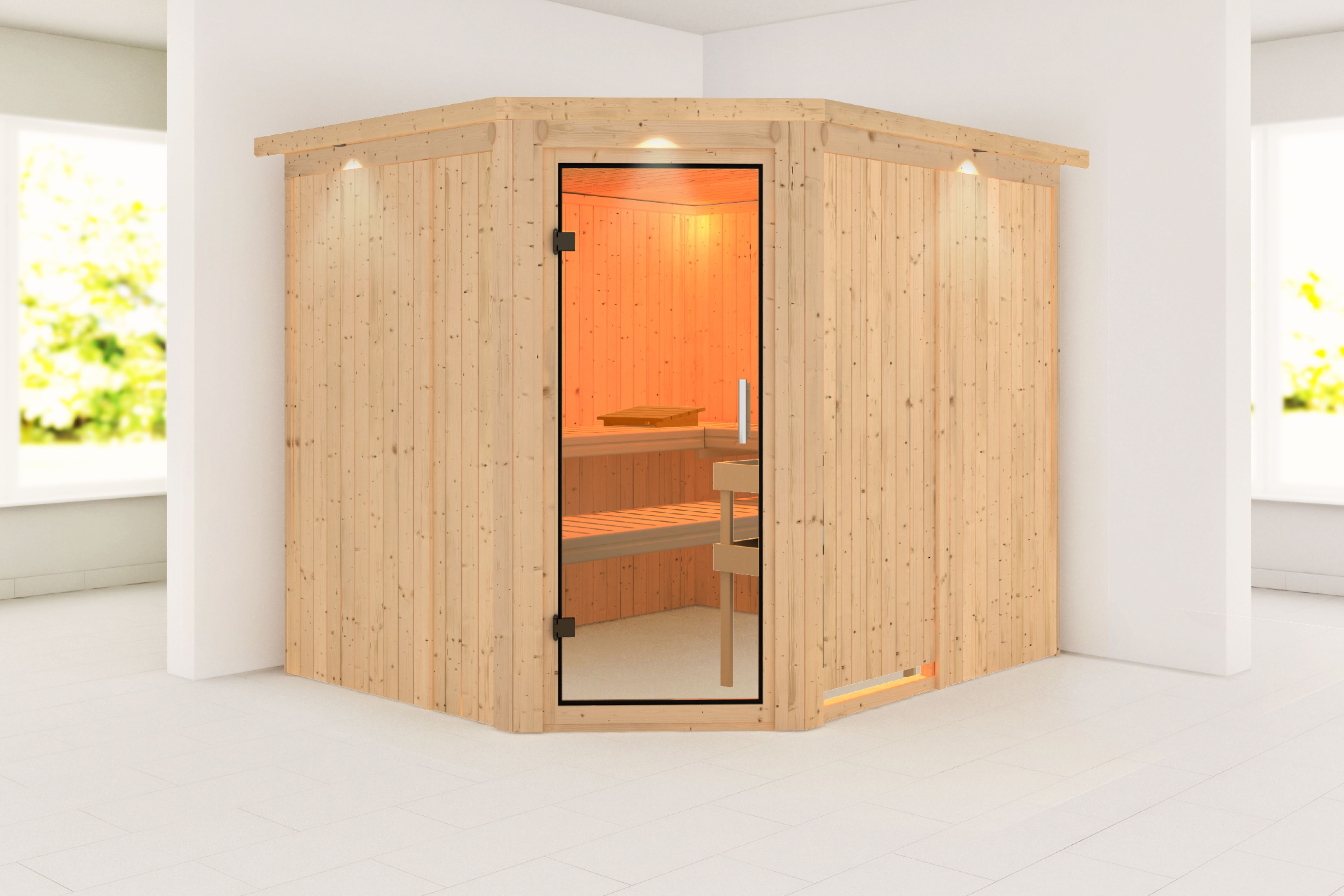 Außenansicht der Karibu Sauna Malin aus nordischer Fichte mit Klarglas-Ganzglastür und Fronteinstieg