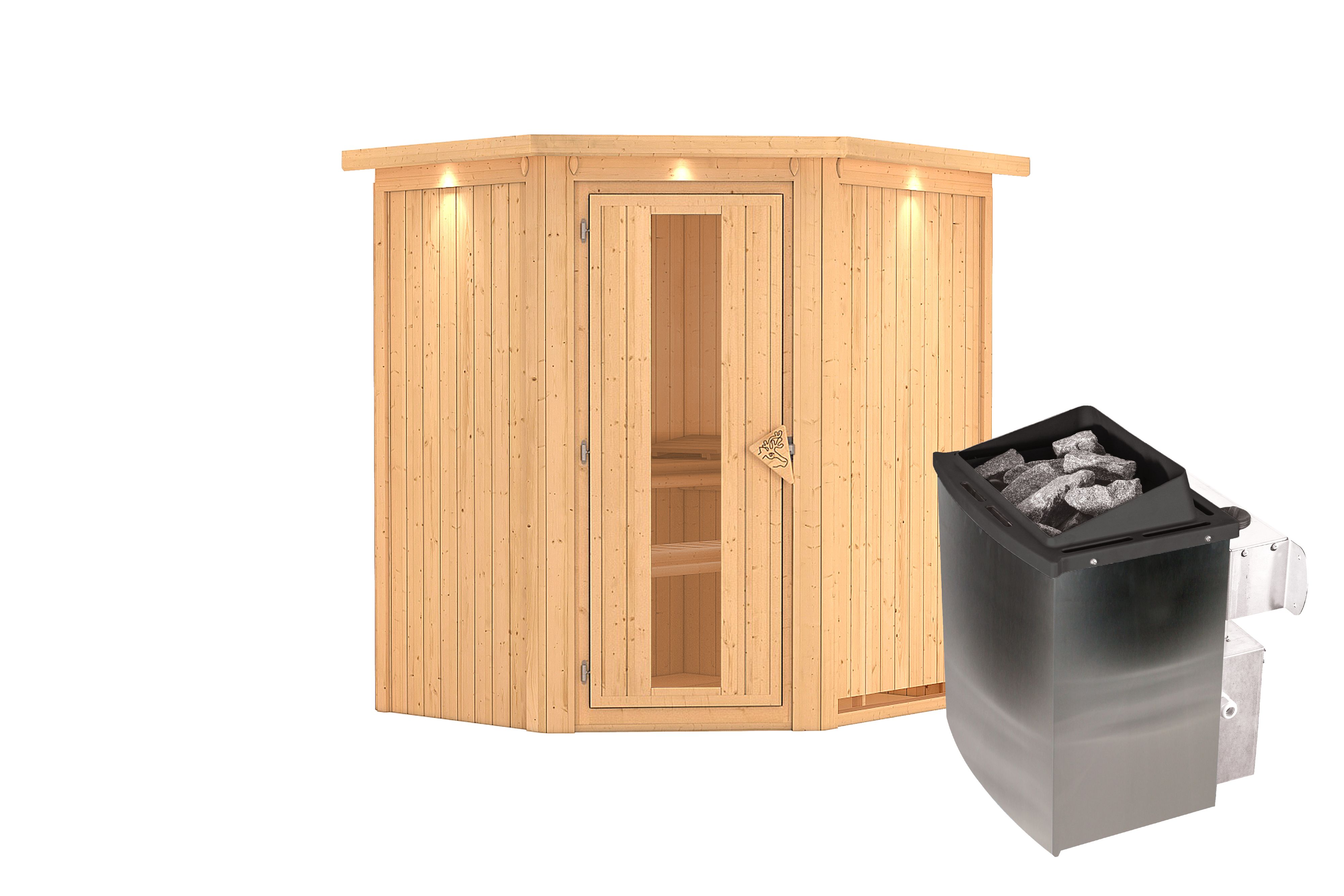 Innenansicht der Karibu Sauna Taurin mit Liegen und Kopfstütze aus hellem Espenholz