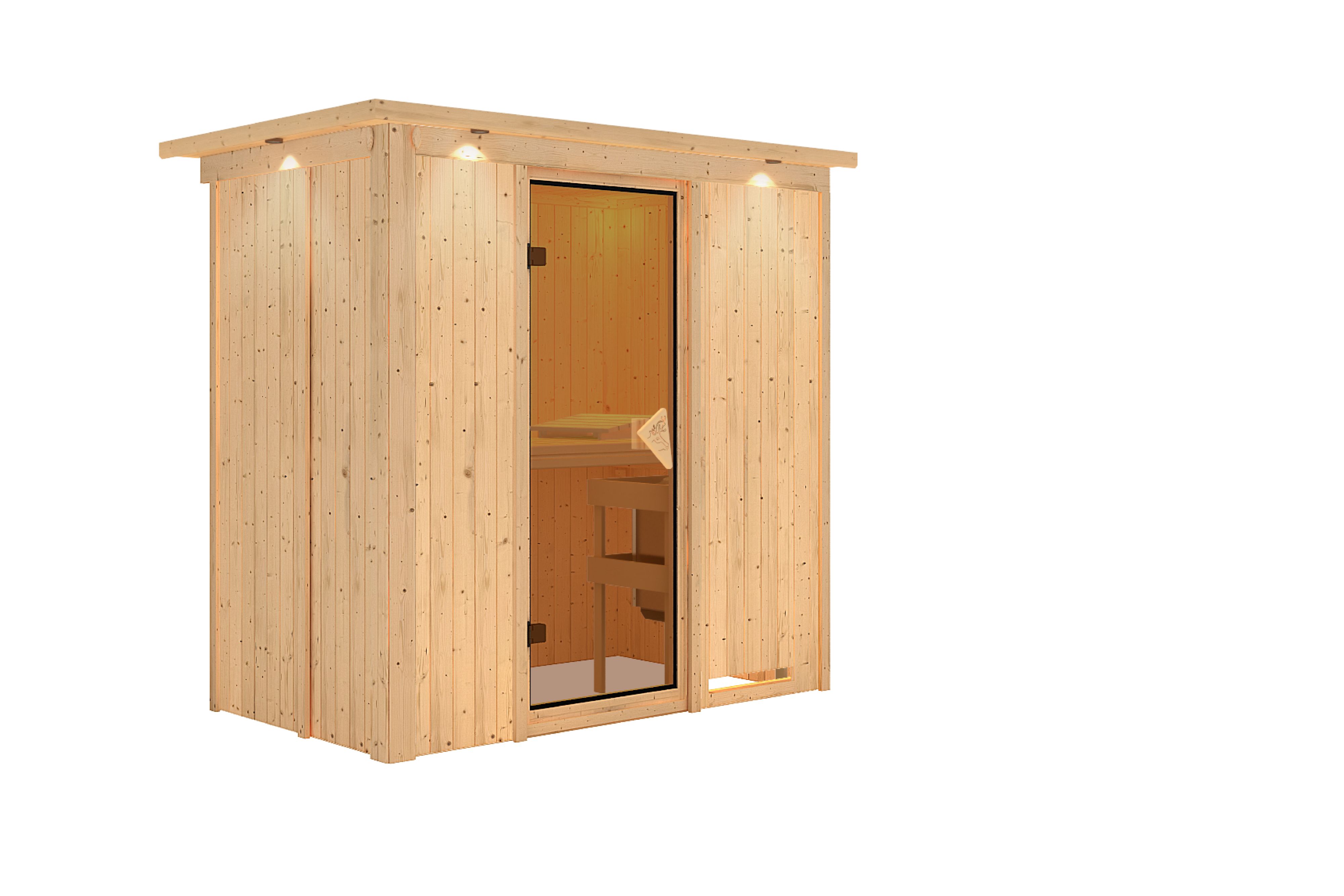 Innenansicht der Karibu Sauna Variado mit Liegen und Kopfstütze aus hellem Espenholz