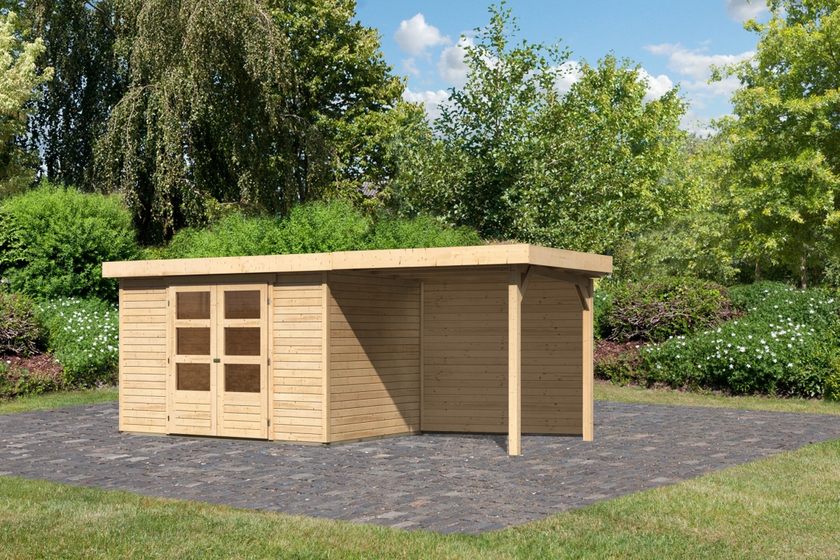 Karibu Gerätehaus Askola 4 in Naturbelassen und Anbaudach, Außenansicht