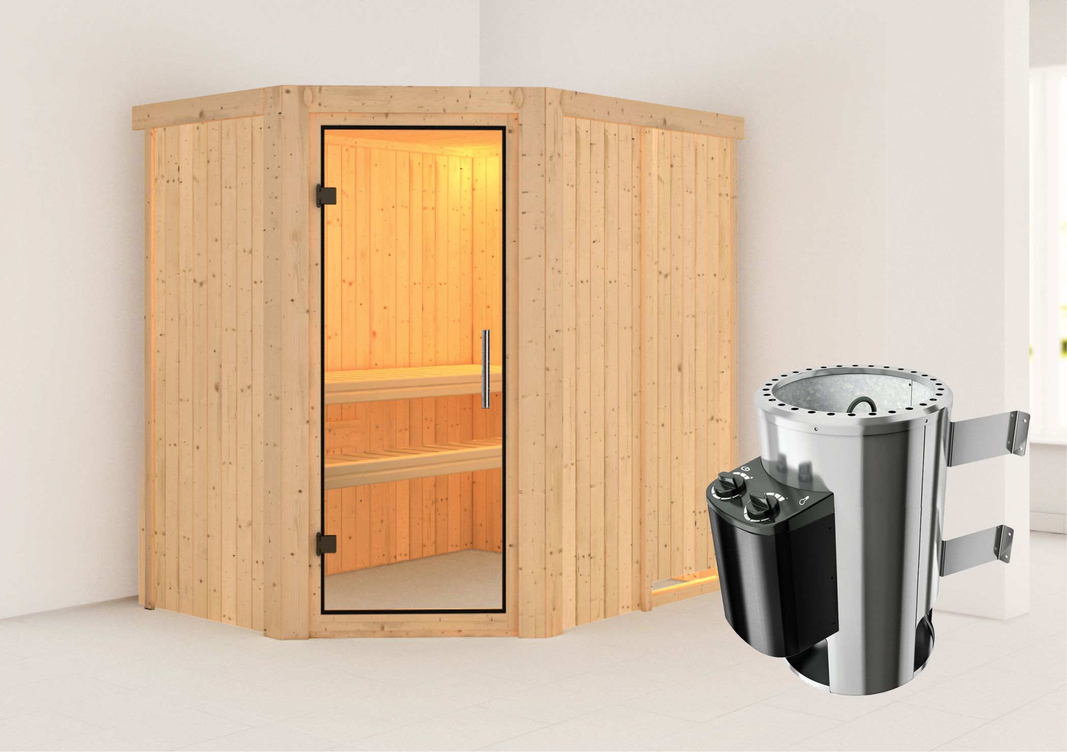 Außenansicht der Karibu Sauna Saja aus nordischer Fichte mit Klarglas-Ganzglastür und Fronteinstieg