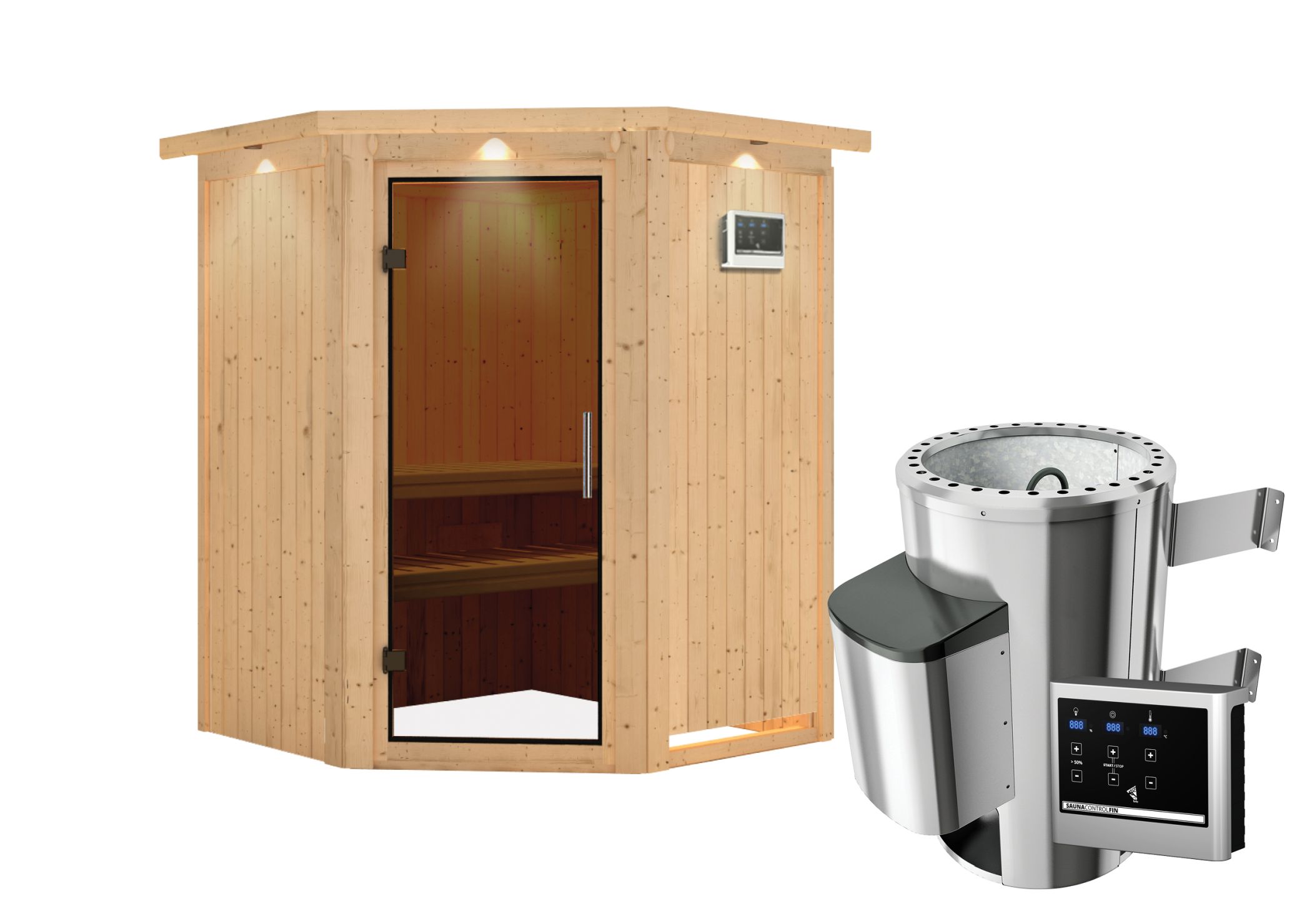 Innenansicht der Karibu Sauna Nanja mit Liegen und Kopfstütze aus hellem Espenholz