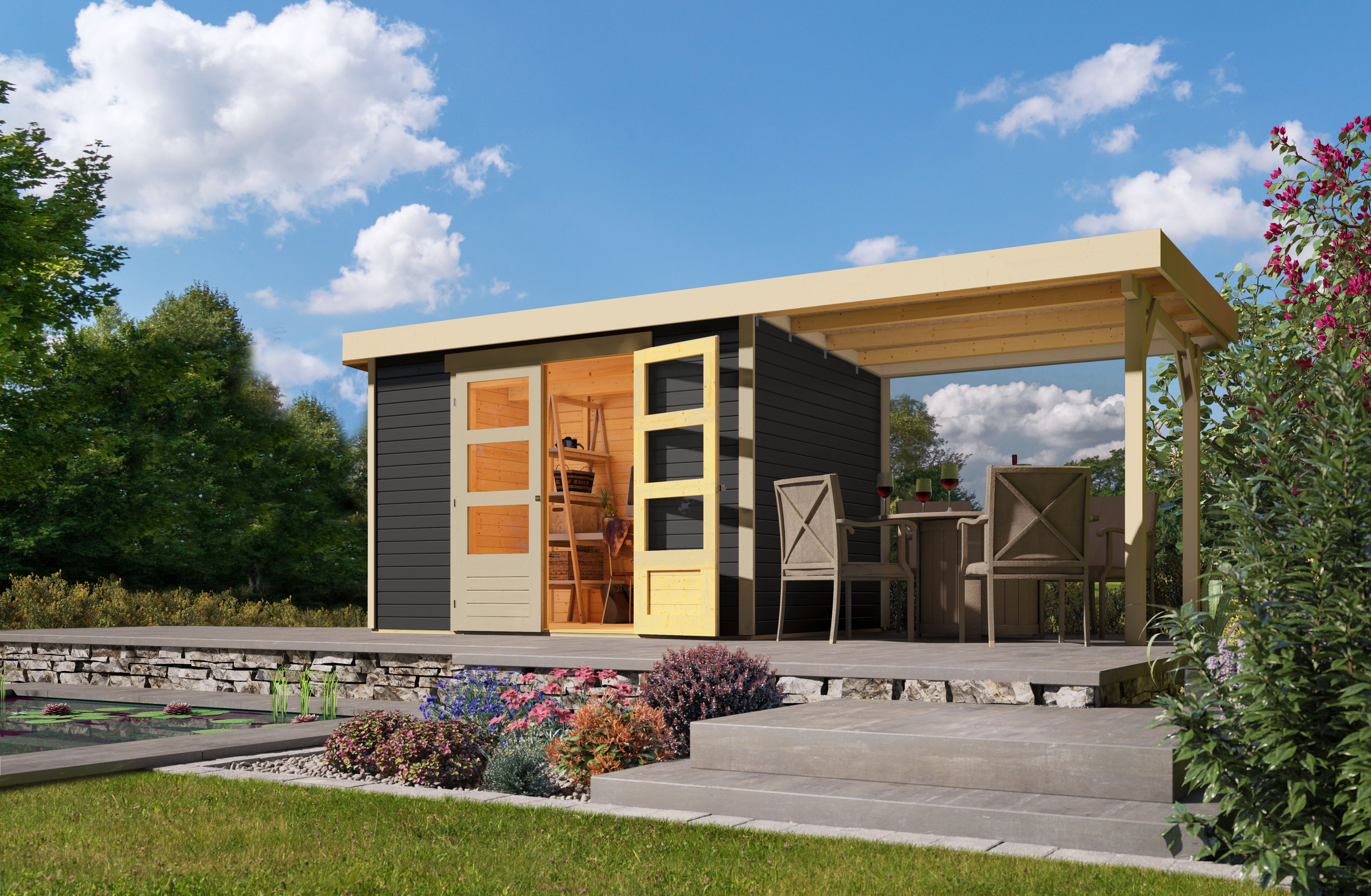 Karibu Gerätehaus Askola 4 in Terragrau und Anbaudach im Garten