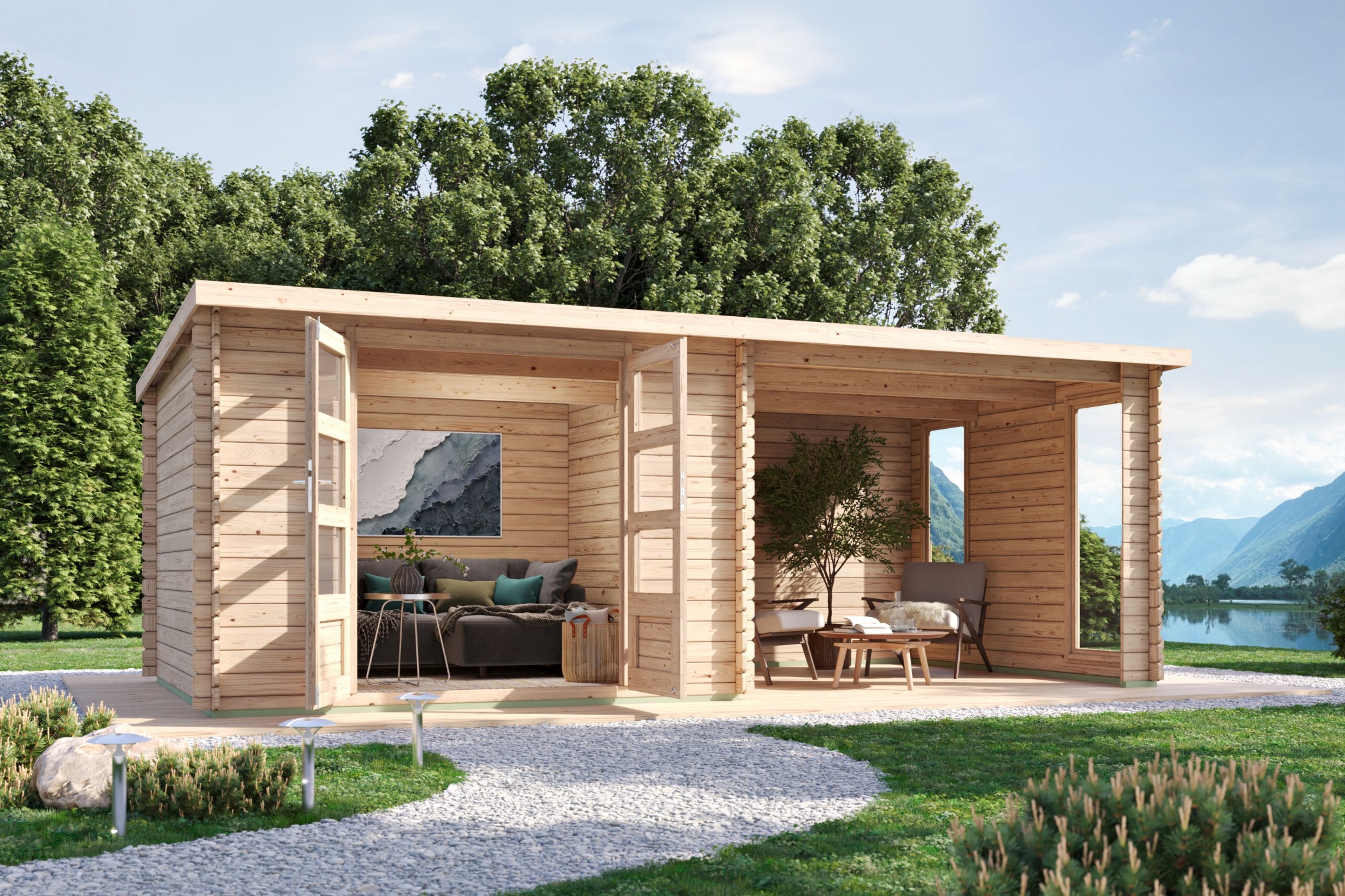 Gartenhaus Enfield mit 3 Meter Anbaudach und Fenster