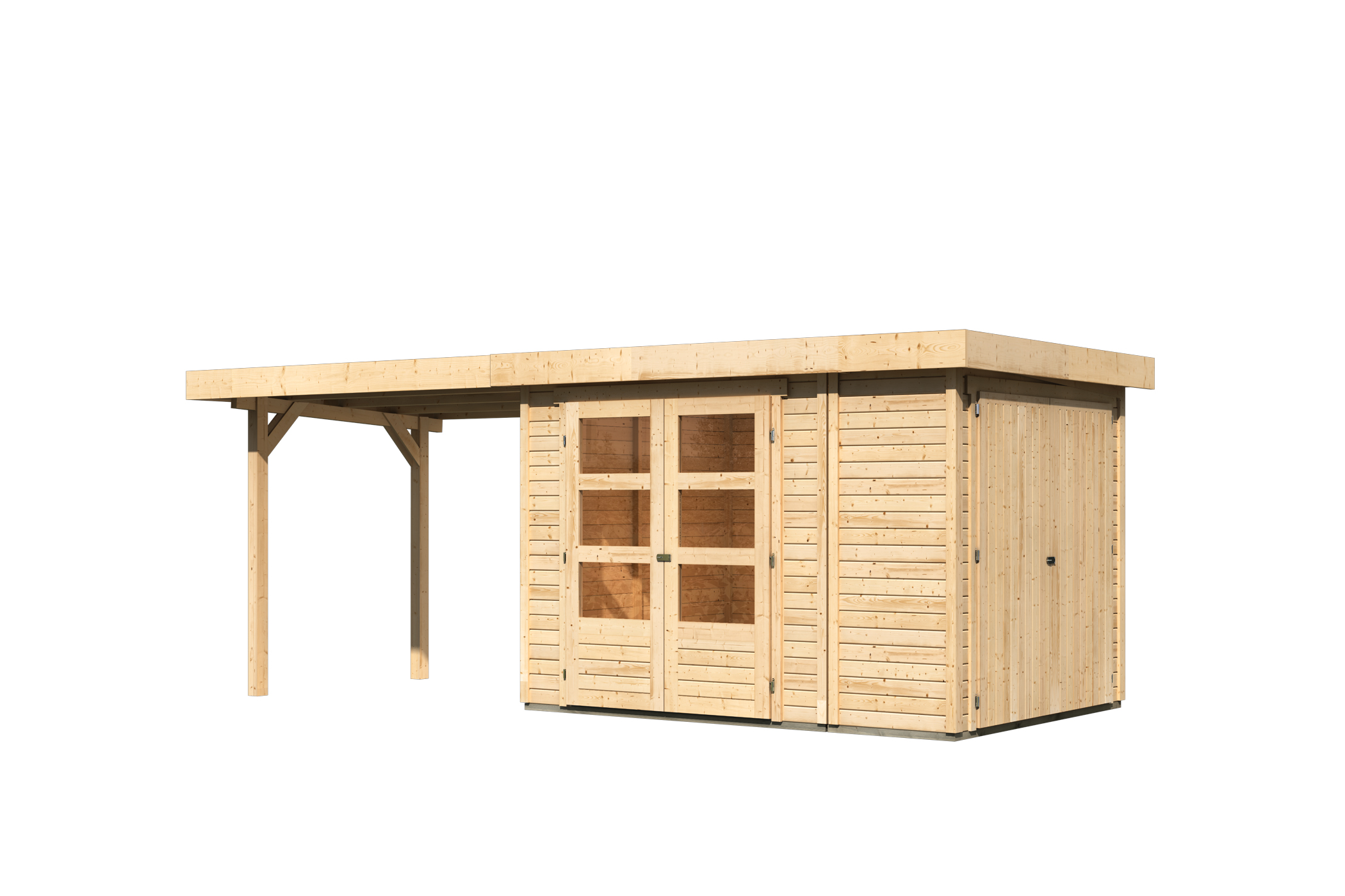Karibu Gerätehaus Retola 2 in Naturbelassen und Anbaudach, Freisteller