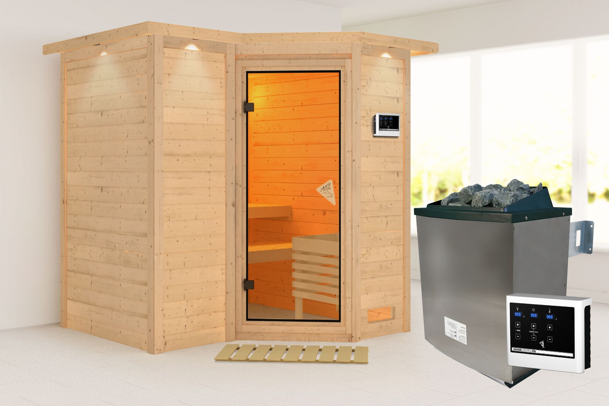 Außenansicht der Karibu Sauna Sahib 1 aus nordischer Fichte mit bronzierter Ganzglastür und Fronteinstieg