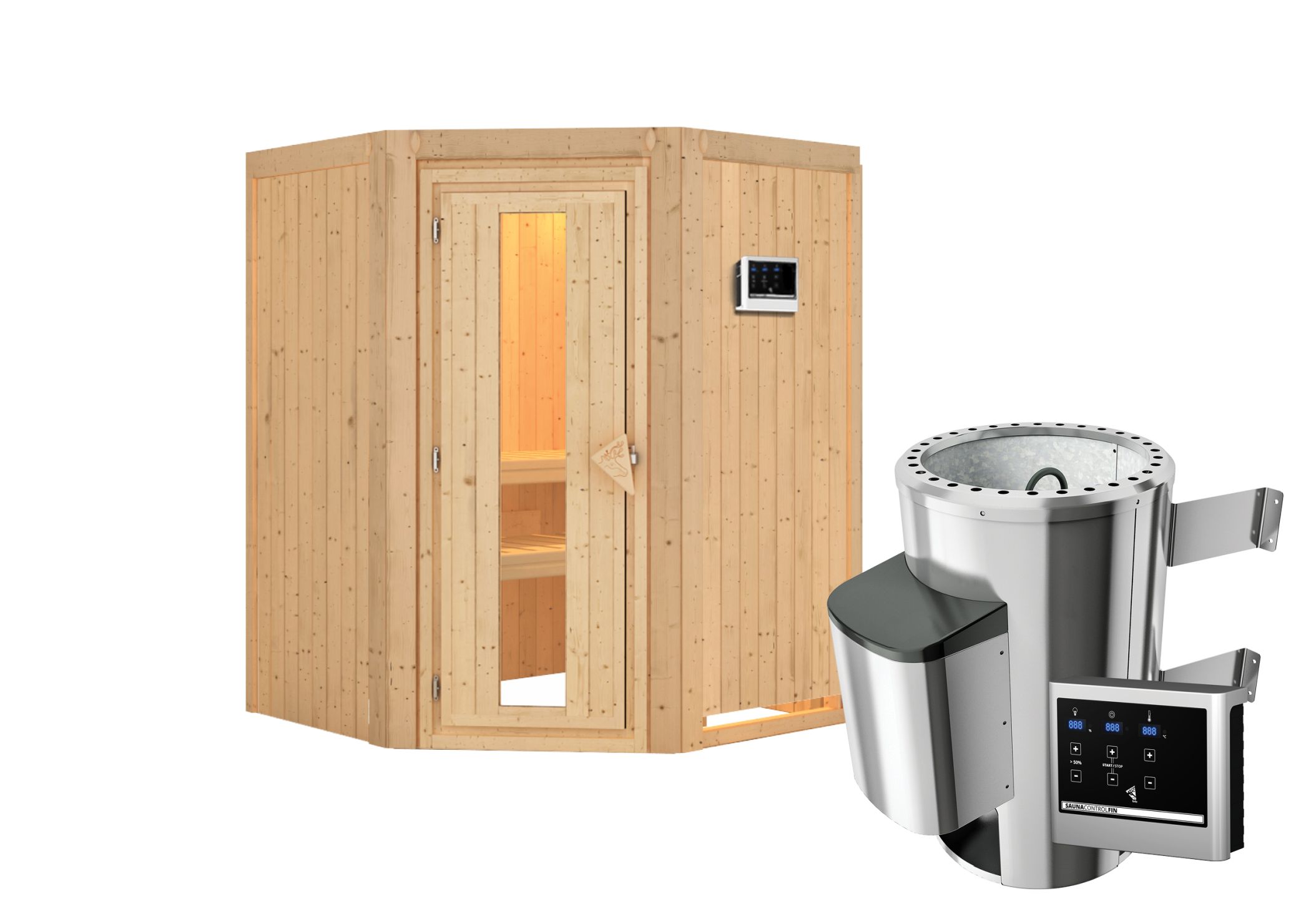 Innenansicht der Karibu Sauna Nanja mit Liegen und Kopfstütze aus hellem Espenholz