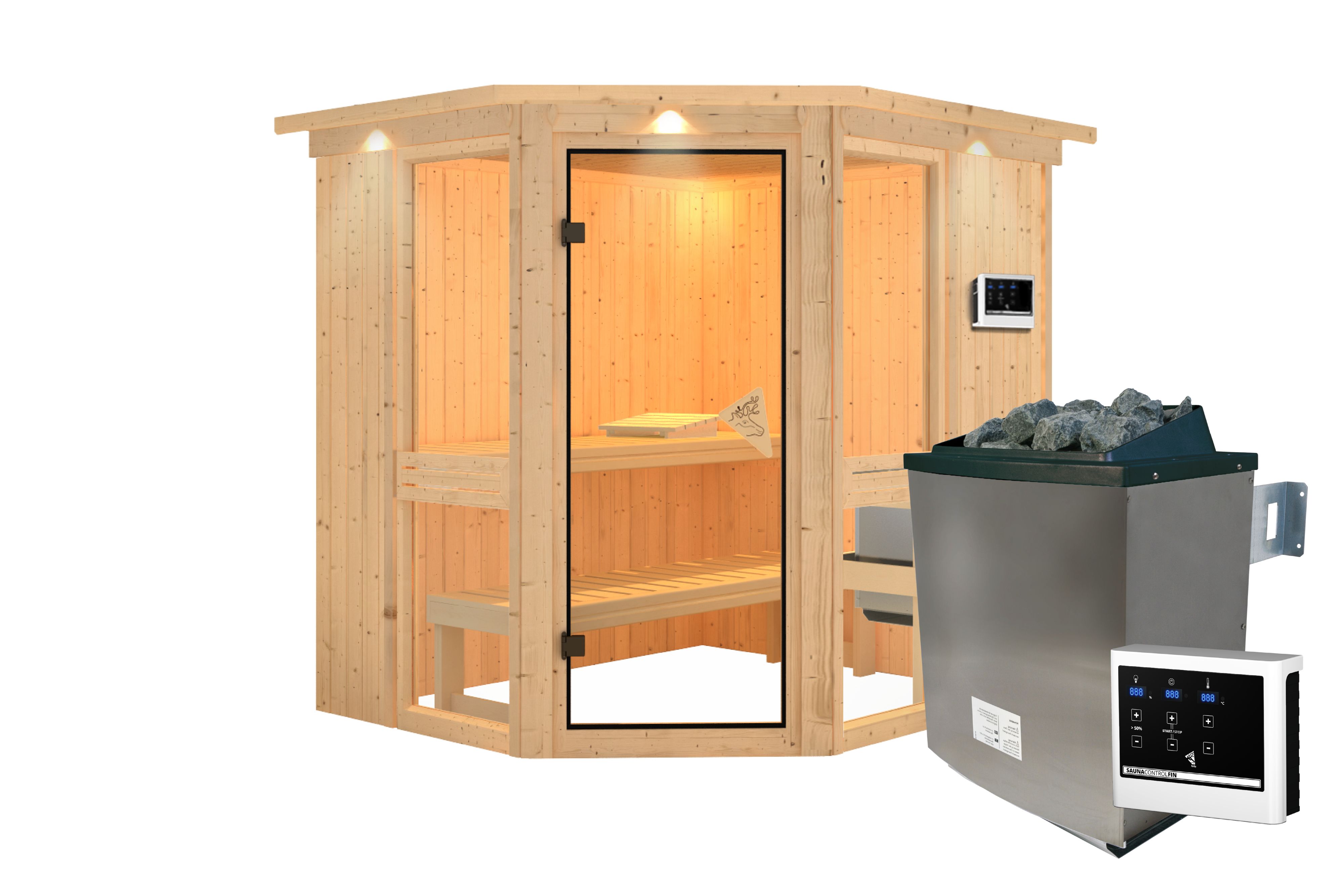 Innenansicht der Karibu Sauna Amelia 1 mit Liegen und Kopfstütze aus hellem Espenholz
