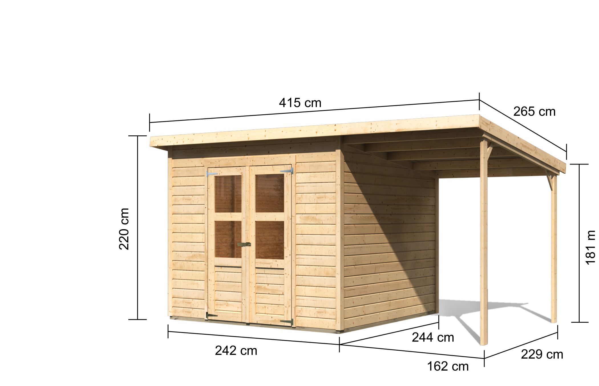 Bemaßte Maßzeichnung des Karibu Gerätehaus Merseburg 6 mit Anbaudach, 415 × 265 cm