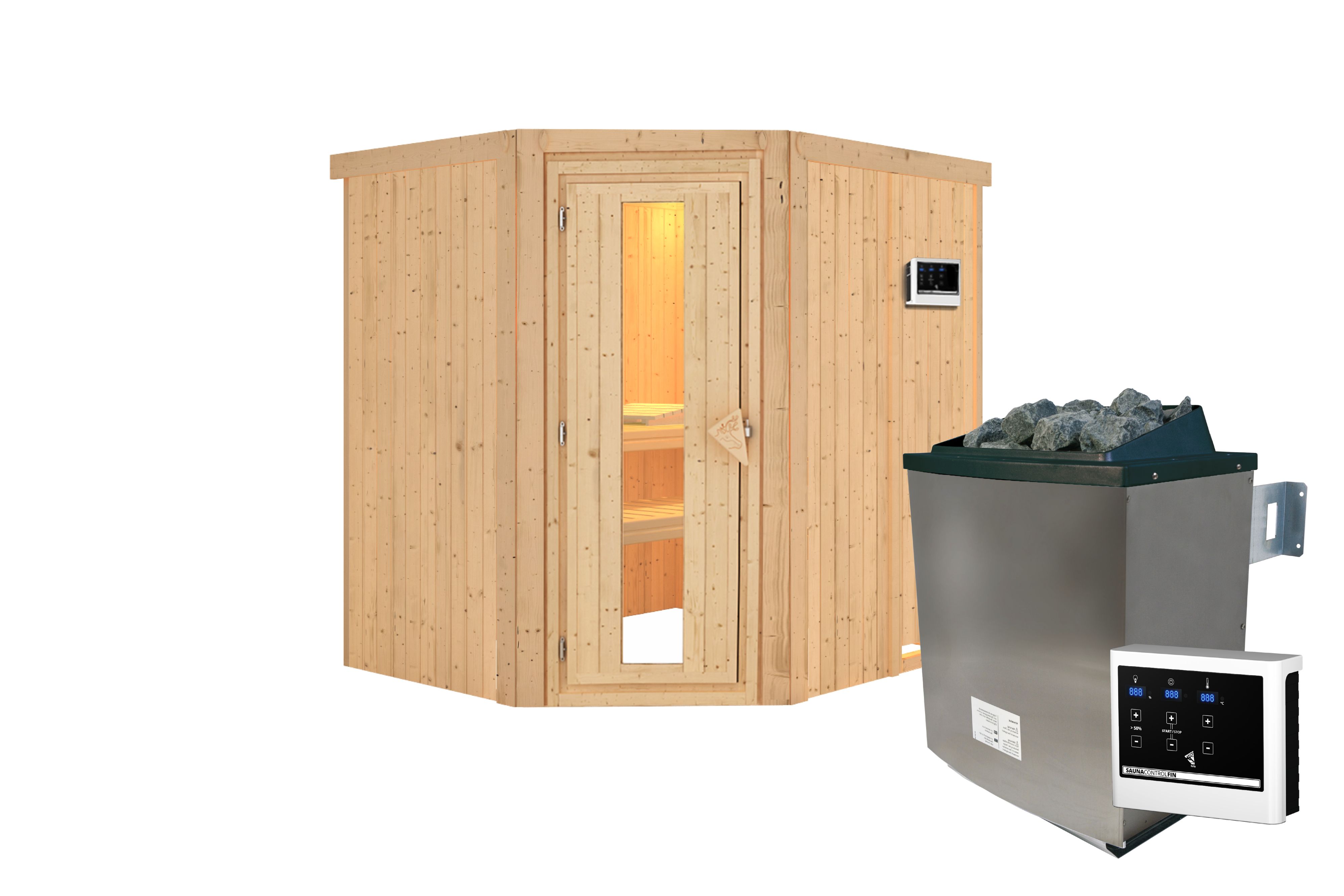 Innenansicht der Karibu Sauna Siirin mit Liegen und Kopfstütze aus hellem Espenholz