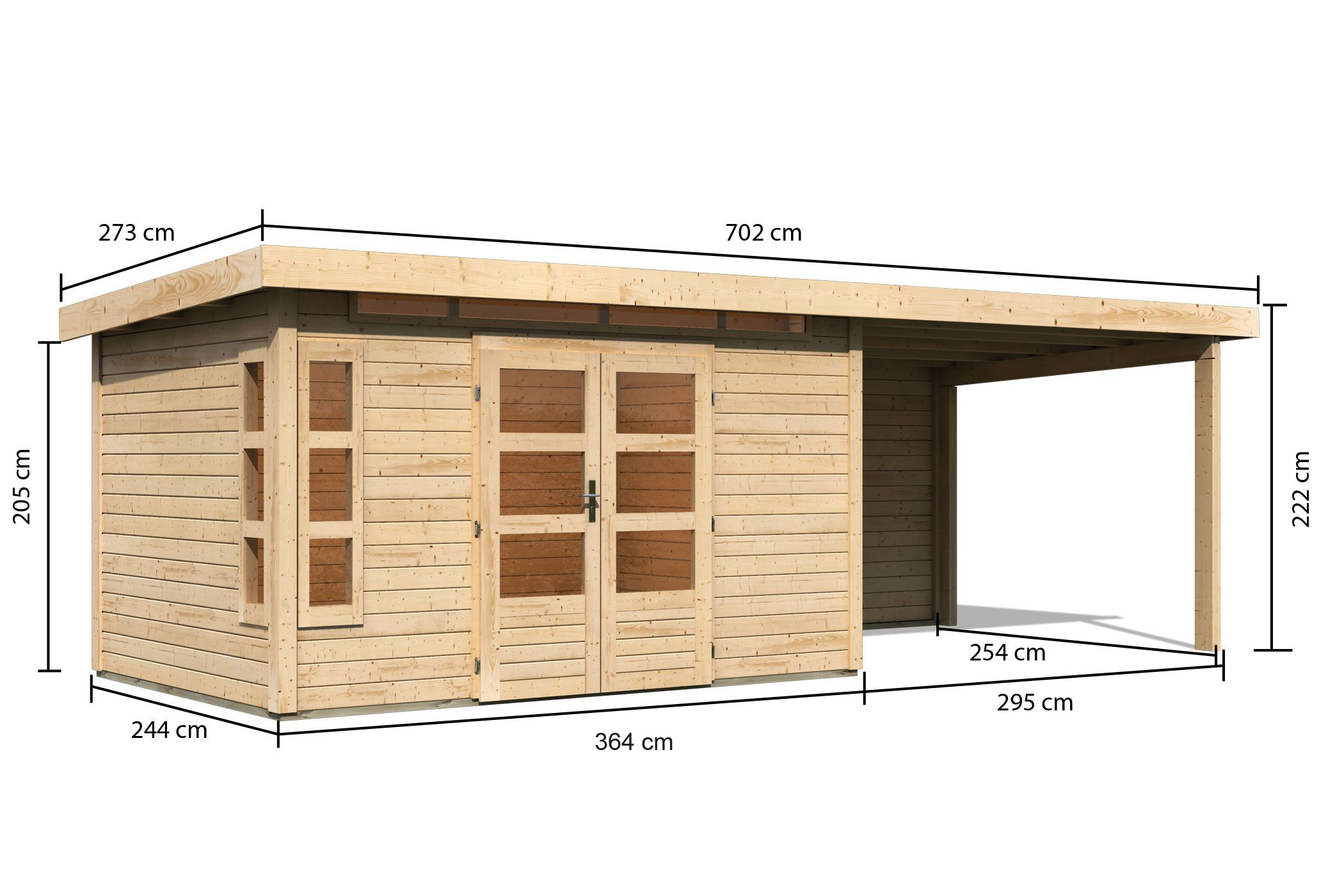 Bemaßte Maßzeichnung des Karibu Gartenhaus Kastorf 7 mit Anbaudach, 702 × 273 cm
