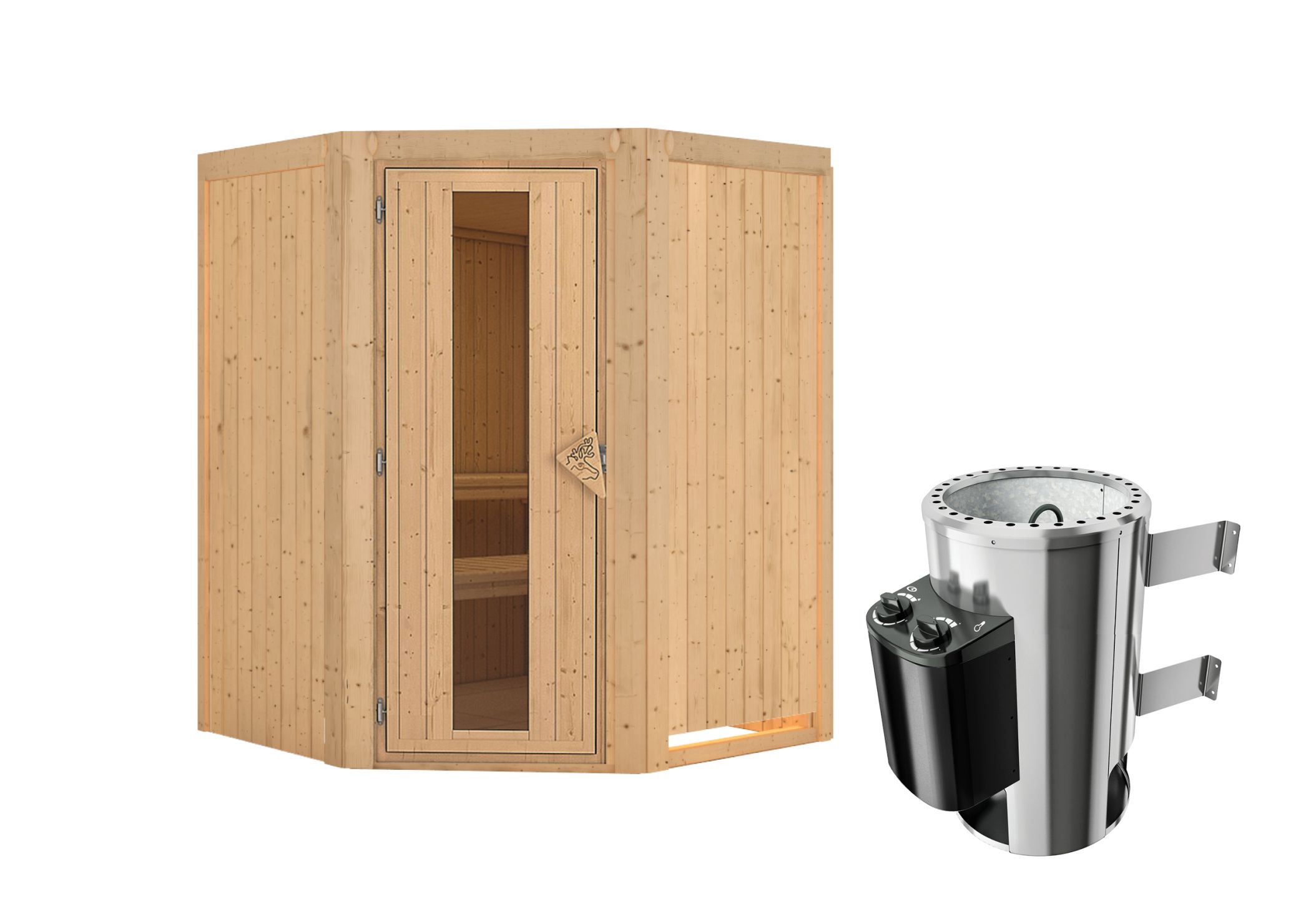 Innenansicht der Karibu Sauna Nanja mit Liegen und Kopfstütze aus hellem Espenholz