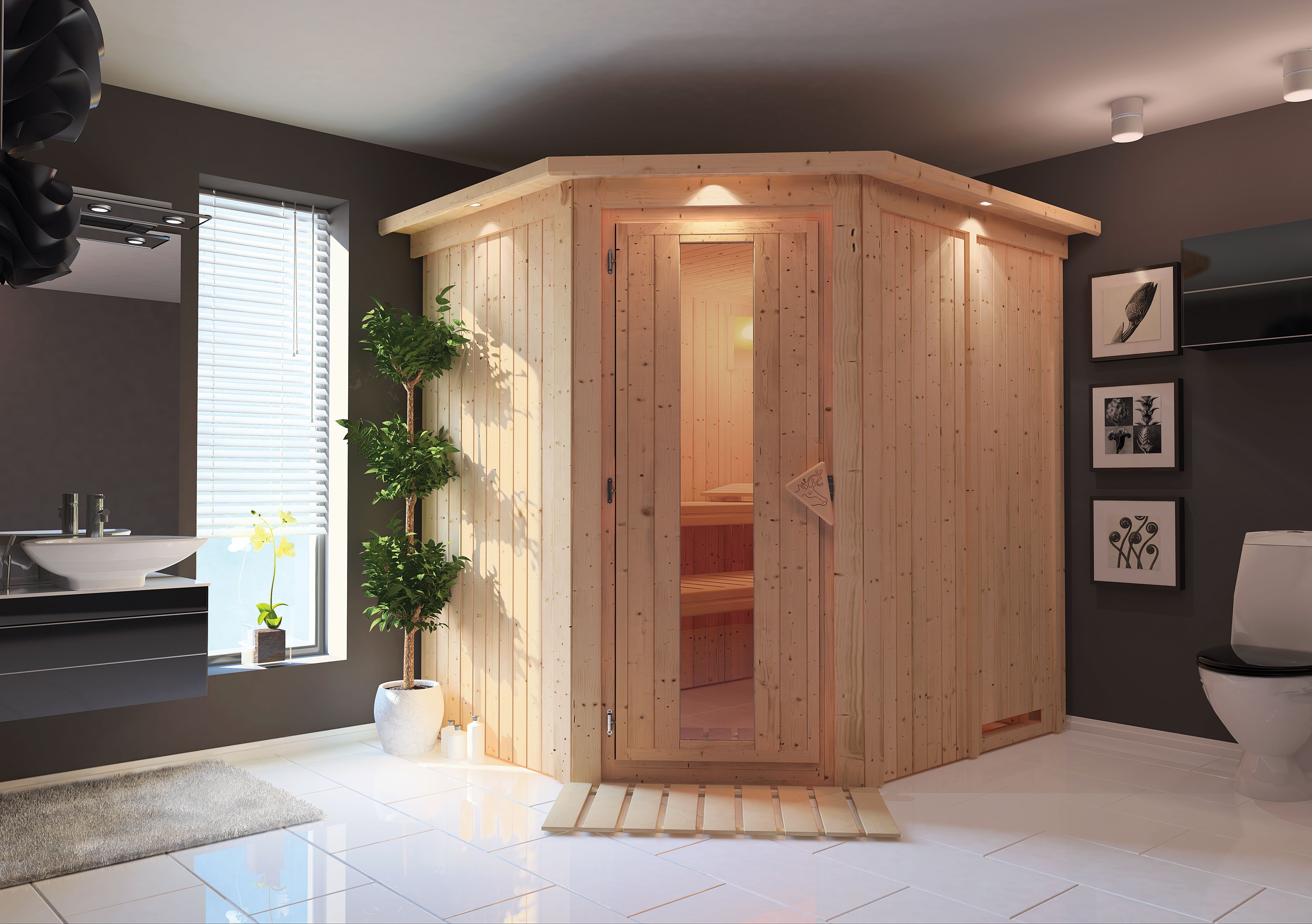 Karibu Sauna Siirin als stimmungsvoller Wellnessbereich in einem modern eingerichteten Wohnraum