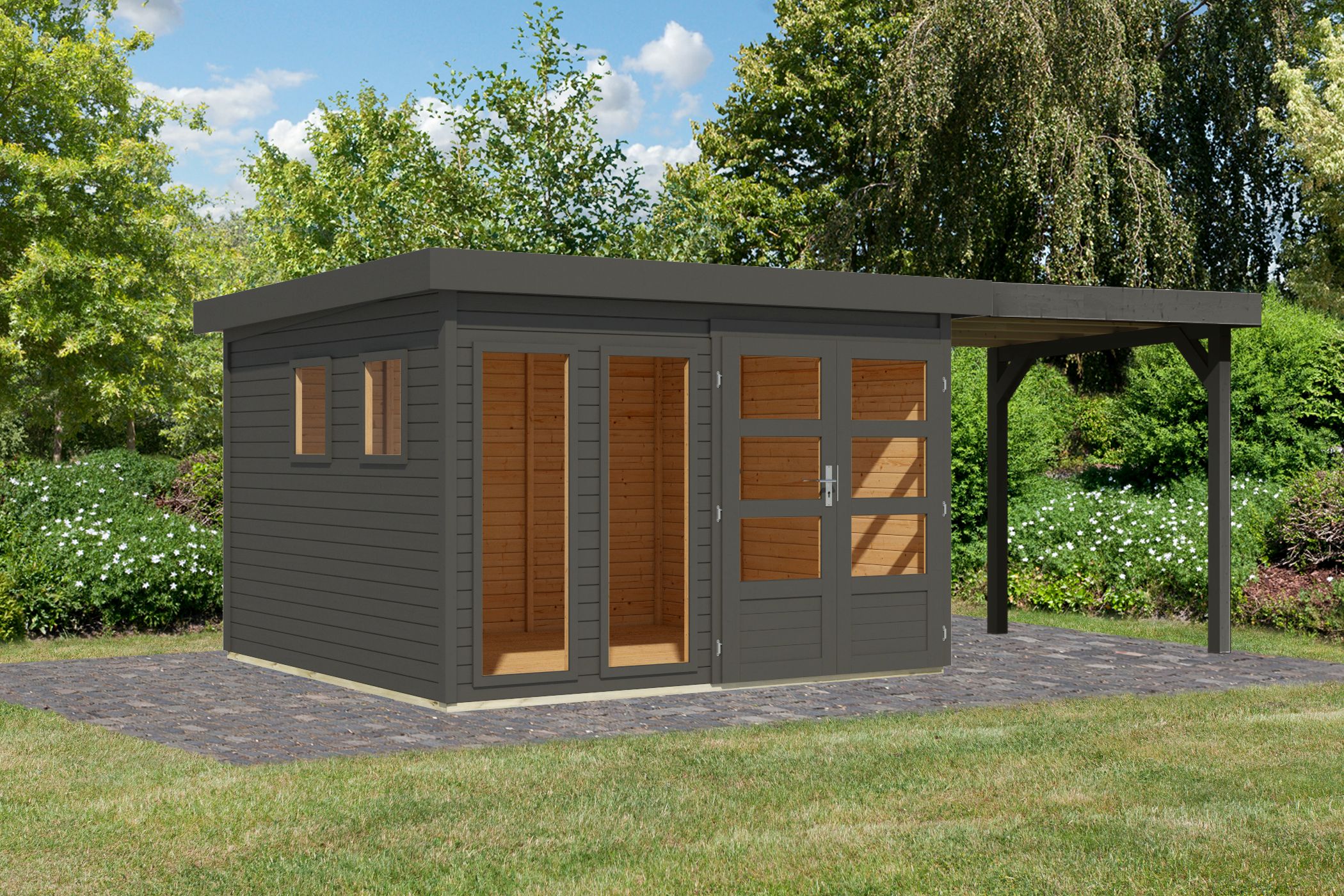 Karibu großes Gerätehaus Lahar 6 in Terragrau komplett und Anbaudach, Außenansicht