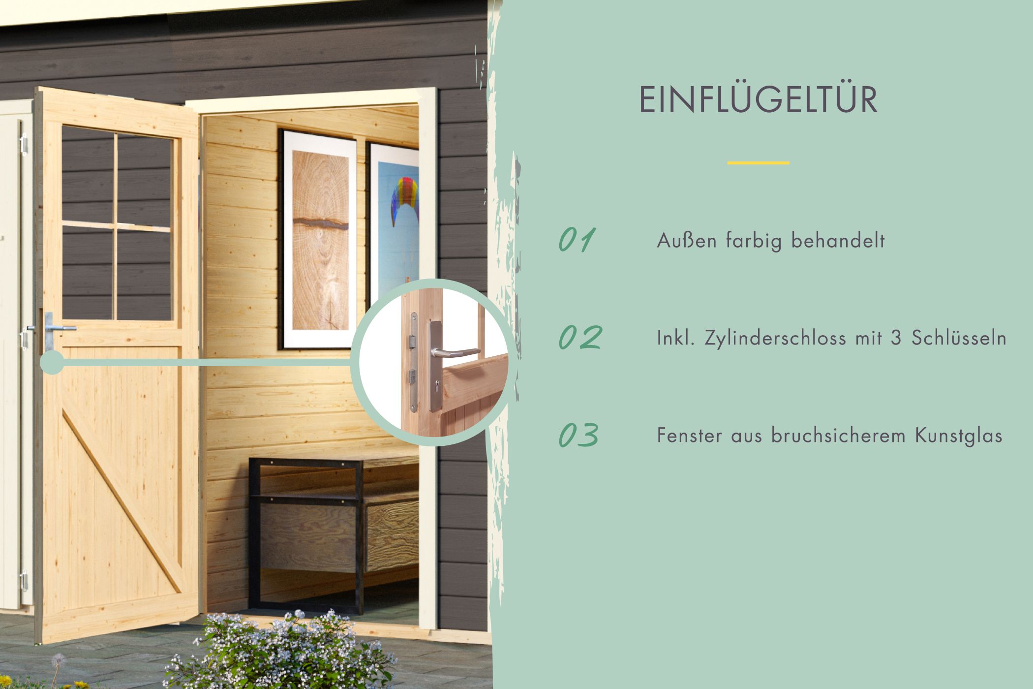 Doppelflügeltür des Karibu Gartenhaus Mattrup mit Zylinderschloss und Kunstglas